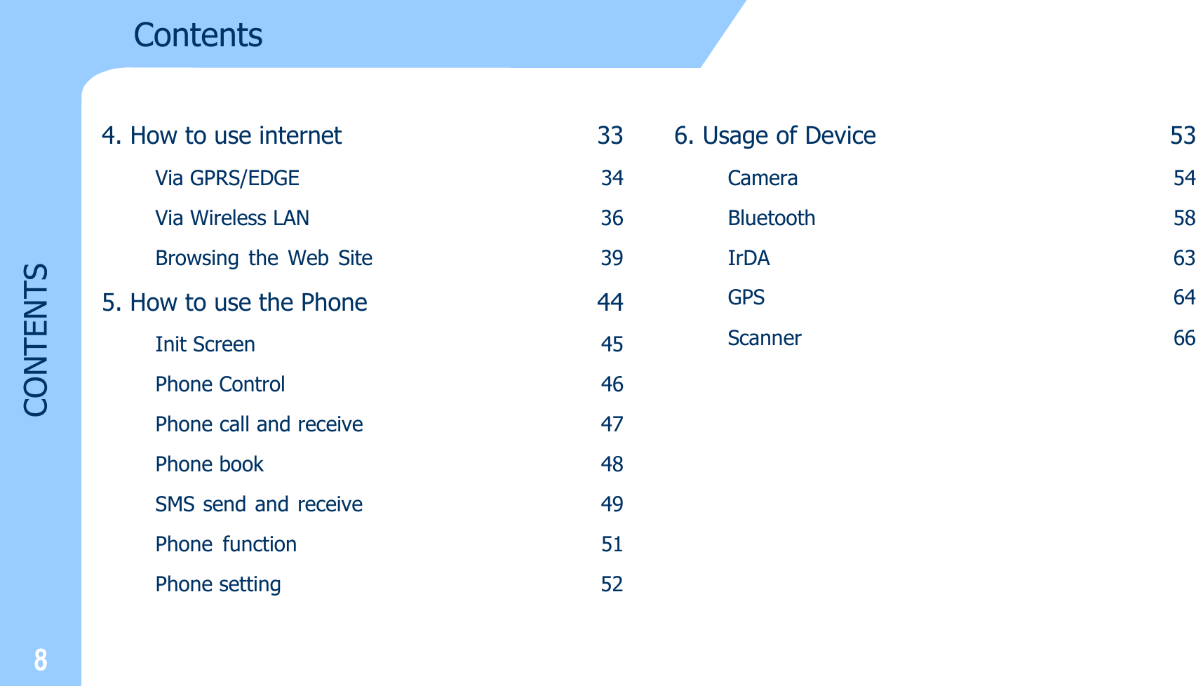 CONTENTS4. How to use internet                                 33Via GPRS/EDGE                                   34Via Wireless LAN                                            36Browsing the Web Site                        395. How to use the Phone                     44Init Screen               45Phone Control    46Phone call and receive                                  47Phone book 48SMS send and receive                49Phone function                              51Phone setting                    52Contents6. Usage of Device                                     53Camera 54Bluetooth 58IrDA 63GPS                              64Scanner                               66