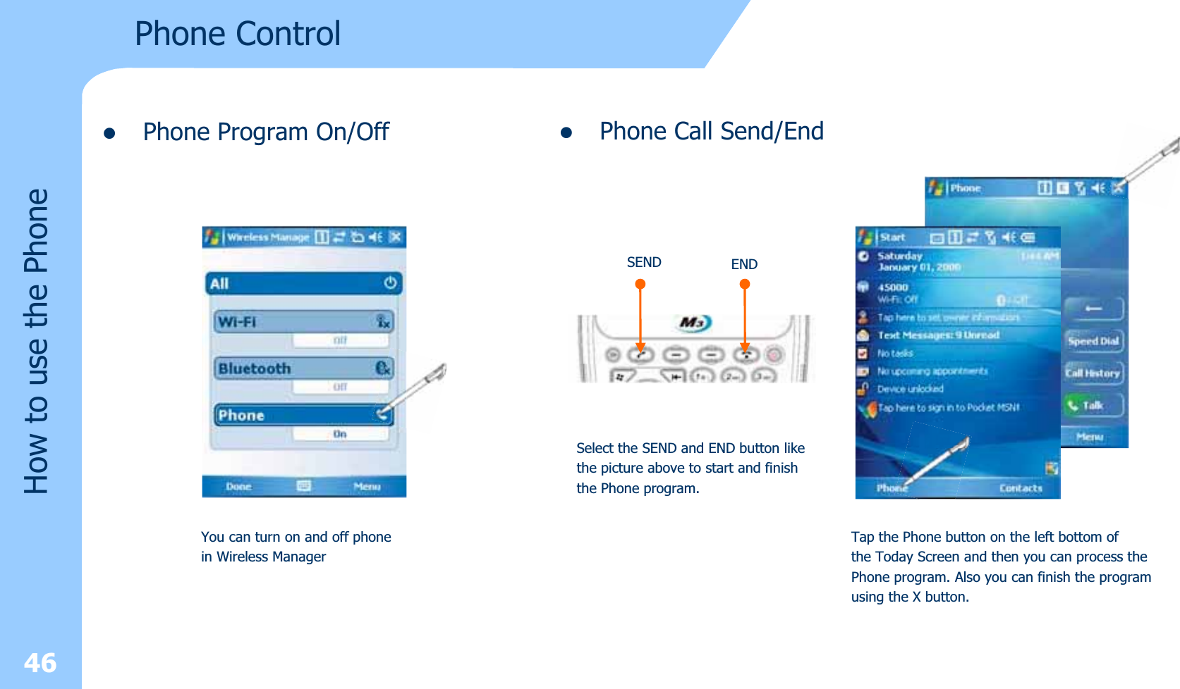 zPhone Program On/Off46Phone ControlHow to use the PhoneYou can turn on and off phonein Wireless ManagerzPhone Call Send/EndSEND ENDTap the Phone button on the left bottom of the Today Screen and then you can process thePhone program. Also you can finish the programusing the X button.Select the SEND and END button likethe picture above to start and finishthe Phone program.