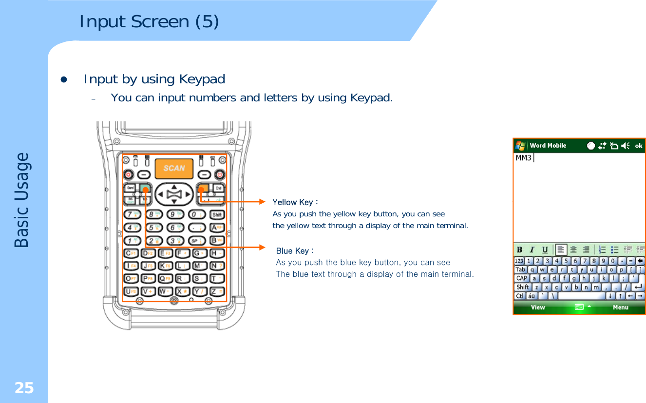 Input Screen (5)zInput by using Keypad–You can input numbers and letters by using Keypad.  UsageYellowKey :Basic Blue Key : As you push the blue key button, you can see YellowKey : As you push the yellow key button, you can seethe yellow text through a display of the main terminal.The blue text through a display of the main terminal.25