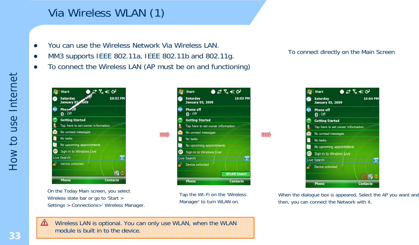 Via Wireless WLAN (1)etzYou can use the Wireless Network Via Wireless LAN. zMM3 supports IEEE 802.11a, IEEE 802.11b and 802.11g. zTo connect the Wireless LAN (AP must be on and functioning)To connect directly on the Main Screense Interneow to usHOn the Today Main screen, you selectWireless state bar or go to ‘Start &gt; S tti &gt; C ti &gt;’ Wi l MTap the WI-Fi on the ‘Wireless Manager&apos; to turn WLAN on. When the dialogue box is appeared, Select the AP you want andthen, you can connect the Network with it. 33Wireless LAN is optional. You can only use WLAN, when the WLAN module is built in to the device.  Settings &gt; Connections&gt;’ Wireless Manager. g,y