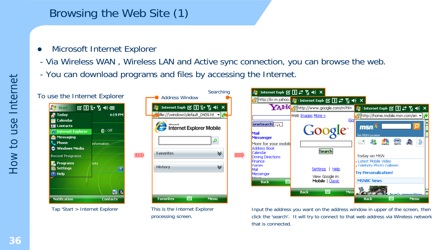 Browsing the Web Site (1)etzMicrosoft Internet Explorer- Via Wireless WAN , Wireless LAN and Active sync connection, you can browse the web.- You can download programs and files by accessing the Internet.se InterneTo use the Internet Explorer Address Window Searchingow to usHTap &apos;Start &gt; Internet ExplorerThis is the Internet ExplorerItthdd tthdd idi fth th36Tap &apos;Start &gt; Internet ExplorerThis is the Internet Explorer processing screen.Input the address you want on the address window in upper of the screen, thenclick the &apos;search&apos;. It will try to connect to that web address via Wireless networkthat is connected.