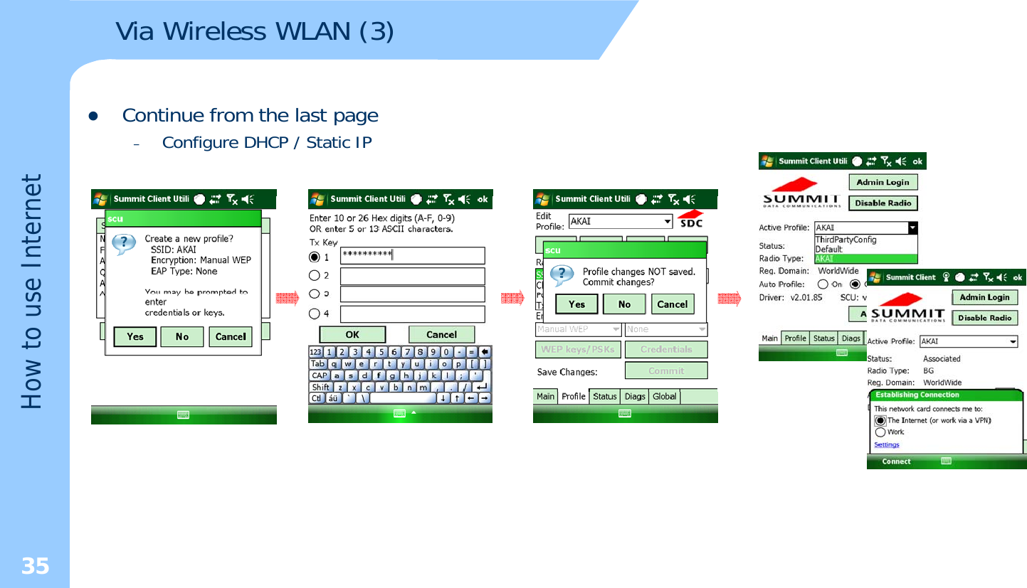 Via Wireless WLAN (3)zContinue from the last page–Configure DHCP / Static IPetse Interneow to usH35