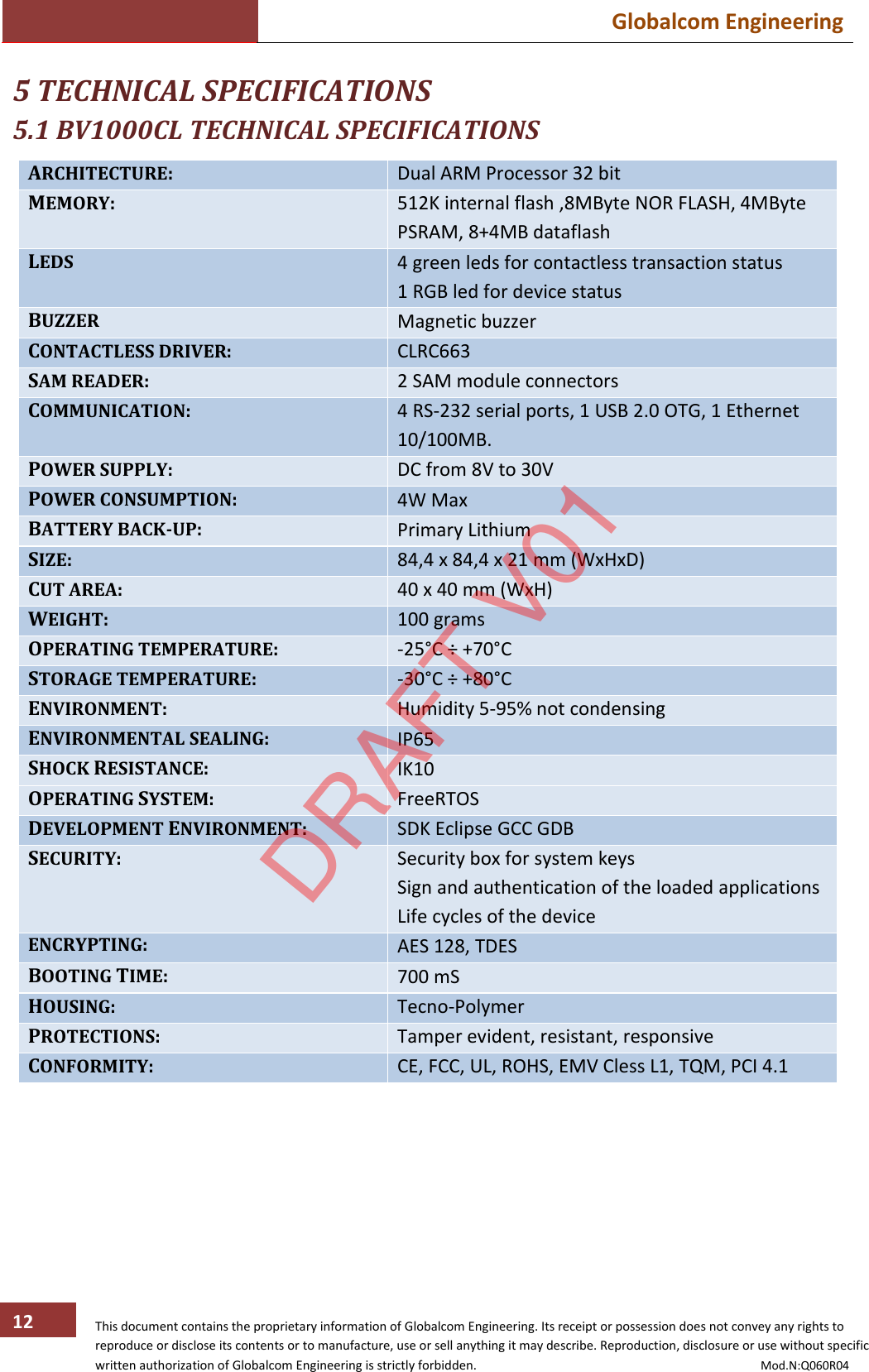  Globalcom Engineering   This document contains the proprietary information of Globalcom Engineering. Its receipt or possession does not convey any rights to reproduce or disclose its contents or to manufacture, use or sell anything it may describe. Reproduction, disclosure or use without specific written authorization of Globalcom Engineering is strictly forbidden.                                                                                           Mod.N:Q060R04 12 5 TECHNICAL SPECIFICATIONS 5.1 BV1000CL TECHNICAL SPECIFICATIONS ARCHITECTURE: Dual ARM Processor 32 bit MEMORY: 512K internal flash ,8MByte NOR FLASH, 4MByte PSRAM, 8+4MB dataflash LEDS 4 green leds for contactless transaction status 1 RGB led for device status BUZZER Magnetic buzzer CONTACTLESS DRIVER: CLRC663 SAM READER: 2 SAM module connectors COMMUNICATION: 4 RS-232 serial ports, 1 USB 2.0 OTG, 1 Ethernet 10/100MB. POWER SUPPLY: DC from 8V to 30V POWER CONSUMPTION: 4W Max BATTERY BACK-UP: Primary Lithium SIZE: 84,4 x 84,4 x 21 mm (WxHxD) CUT AREA: 40 x 40 mm (WxH) WEIGHT: 100 grams OPERATING TEMPERATURE: -25°C ÷ +70°C STORAGE TEMPERATURE: -30°C ÷ +80°C ENVIRONMENT: Humidity 5-95% not condensing ENVIRONMENTAL SEALING: IP65 SHOCK RESISTANCE: IK10 OPERATING SYSTEM: FreeRTOS DEVELOPMENT ENVIRONMENT: SDK Eclipse GCC GDB SECURITY: Security box for system keys Sign and authentication of the loaded applications Life cycles of the device ENCRYPTING: AES 128, TDES BOOTING TIME: 700 mS HOUSING: Tecno-Polymer PROTECTIONS: Tamper evident, resistant, responsive CONFORMITY: CE, FCC, UL, ROHS, EMV Cless L1, TQM, PCI 4.1    DRAFT V01