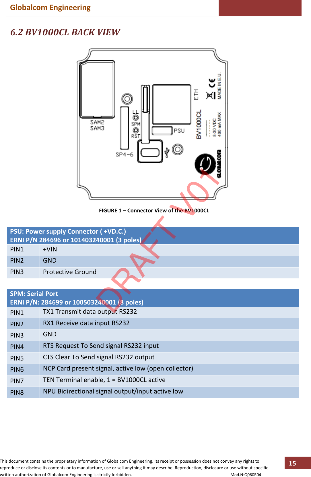 Globalcom Engineering    This document contains the proprietary information of Globalcom Engineering. Its receipt or possession does not convey any rights to reproduce or disclose its contents or to manufacture, use or sell anything it may describe. Reproduction, disclosure or use without specific written authorization of Globalcom Engineering is strictly forbidden.                                                                                           Mod.N:Q060R04 15 6.2 BV1000CL BACK VIEW  FIGURE 1 – Connector View of the BV1000CL  PSU: Power supply Connector ( +VD.C.) ERNI P/N 284696 or 101403240001 (3 poles) PIN1 +VIN PIN2 GND PIN3 Protective Ground  SPM: Serial Port ERNI P/N: 284699 or 100503240001 (8 poles) PIN1 TX1 Transmit data output RS232 PIN2 RX1 Receive data input RS232 PIN3 GND PIN4 RTS Request To Send signal RS232 input PIN5 CTS Clear To Send signal RS232 output PIN6 NCP Card present signal, active low (open collector) PIN7 TEN Terminal enable, 1 = BV1000CL active PIN8 NPU Bidirectional signal output/input active low  DRAFT V01