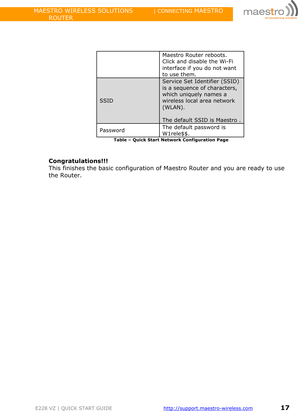                 MAESTRO WIRELESS SOLUTIONS          | CONNECTING MAESTRO ROUTER         E228 VZ | QUICK START GUIDE       http://support.maestro-wireless.com       17     Maestro Router reboots. Click and disable the Wi-Fi interface if you do not want to use them. SSID Service Set Identifier (SSID) is a sequence of characters, which uniquely names a wireless local area network (WLAN).  The default SSID is Maestro . Password The default password is W1rele$$. Table – Quick Start Network Configuration Page   Congratulations!!! This finishes the basic configuration of Maestro Router and you are ready to use the Router.   