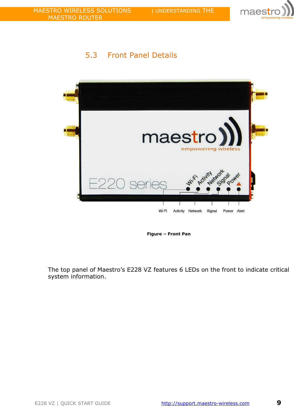                 MAESTRO WIRELESS SOLUTIONS          | UNDERSTANDING THE MAESTRO ROUTER         E228 VZ | QUICK START GUIDE       http://support.maestro-wireless.com       9     5.3 Front Panel Details      Figure – Front Pan     The top panel of Maestro’s E228 VZ features 6 LEDs on the front to indicate critical system information.               