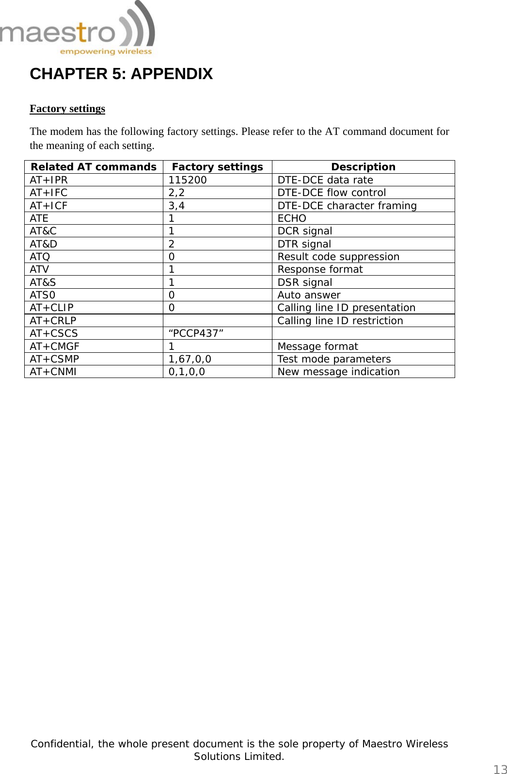   Confidential, the whole present document is the sole property of Maestro Wireless Solutions Limited.  13 CHAPTER 5: APPENDIX  Factory settings The modem has the following factory settings. Please refer to the AT command document for the meaning of each setting. Related AT commands  Factory settings Description AT+IPR  115200  DTE-DCE data rate AT+IFC 2,2 DTE-DCE flow control AT+ICF  3,4  DTE-DCE character framing ATE 1 ECHO AT&amp;C 1 DCR signal AT&amp;D 2 DTR signal ATQ 0 Result code suppression ATV 1 Response format AT&amp;S 1 DSR signal ATS0 0 Auto answer AT+CLIP  0  Calling line ID presentation AT+CRLP    Calling line ID restriction AT+CSCS “PCCP437”  AT+CMGF 1  Message format AT+CSMP 1,67,0,0 Test mode parameters AT+CNMI 0,1,0,0 New message indication                         