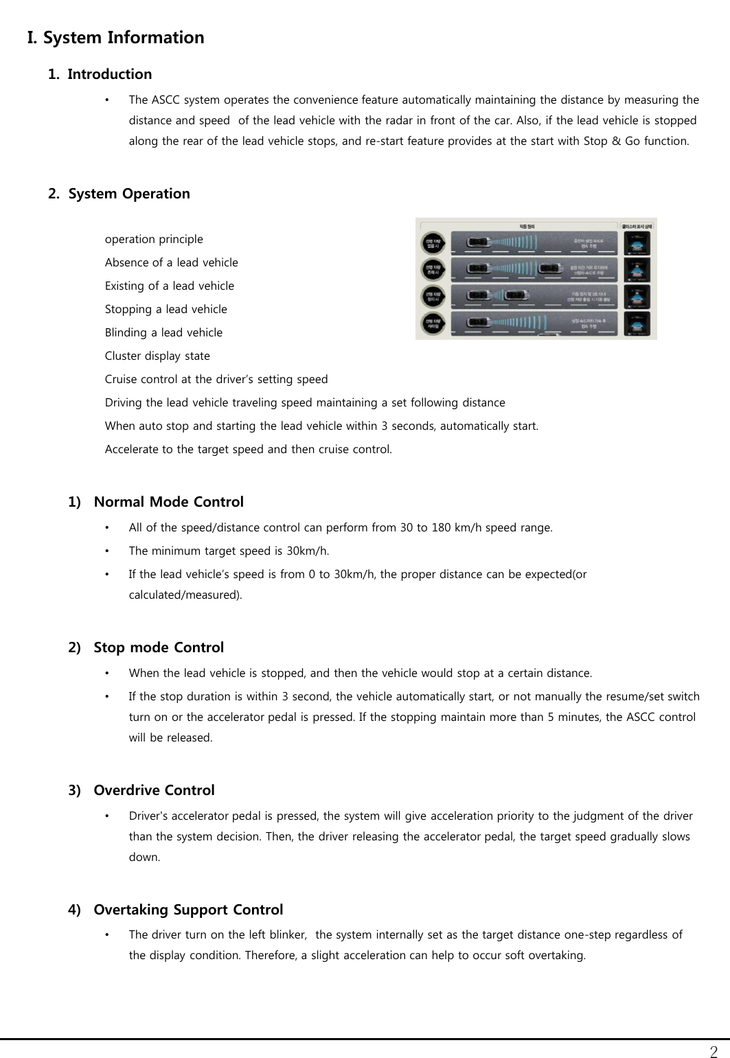2 I. System Information 1. Introduction &bull;The ASCC system operates the convenience feature automatically maintaining the distance by measuring the distance and speed  of the lead vehicle with the radar in front of the car. Also, if the lead vehicle is stopped along the rear of the lead vehicle stops, and re-start feature provides at the start with Stop &amp; Go function.  2. System Operation  operation principle Absence of a lead vehicle Existing of a lead vehicle Stopping a lead vehicle Blinding a lead vehicle Cluster display state Cruise control at the driver&rsquo;s setting speed Driving the lead vehicle traveling speed maintaining a set following distance When auto stop and starting the lead vehicle within 3 seconds, automatically start. Accelerate to the target speed and then cruise control.   1) Normal Mode Control &bull;All of the speed/distance control can perform from 30 to 180 km/h speed range.  &bull;The minimum target speed is 30km/h. &bull;If the lead vehicle&rsquo;s speed is from 0 to 30km/h, the proper distance can be expected(or calculated/measured).  2) Stop mode Control &bull;When the lead vehicle is stopped, and then the vehicle would stop at a certain distance. &bull;If the stop duration is within 3 second, the vehicle automatically start, or not manually the resume/set switch turn on or the accelerator pedal is pressed. If the stopping maintain more than 5 minutes, the ASCC control will be released.  3) Overdrive Control &bull;Driver's accelerator pedal is pressed, the system will give acceleration priority to the judgment of the driver than the system decision. Then, the driver releasing the accelerator pedal, the target speed gradually slows down.  4) Overtaking Support Control &bull;The driver turn on the left blinker,  the system internally set as the target distance one-step regardless of the display condition. Therefore, a slight acceleration can help to occur soft overtaking.  