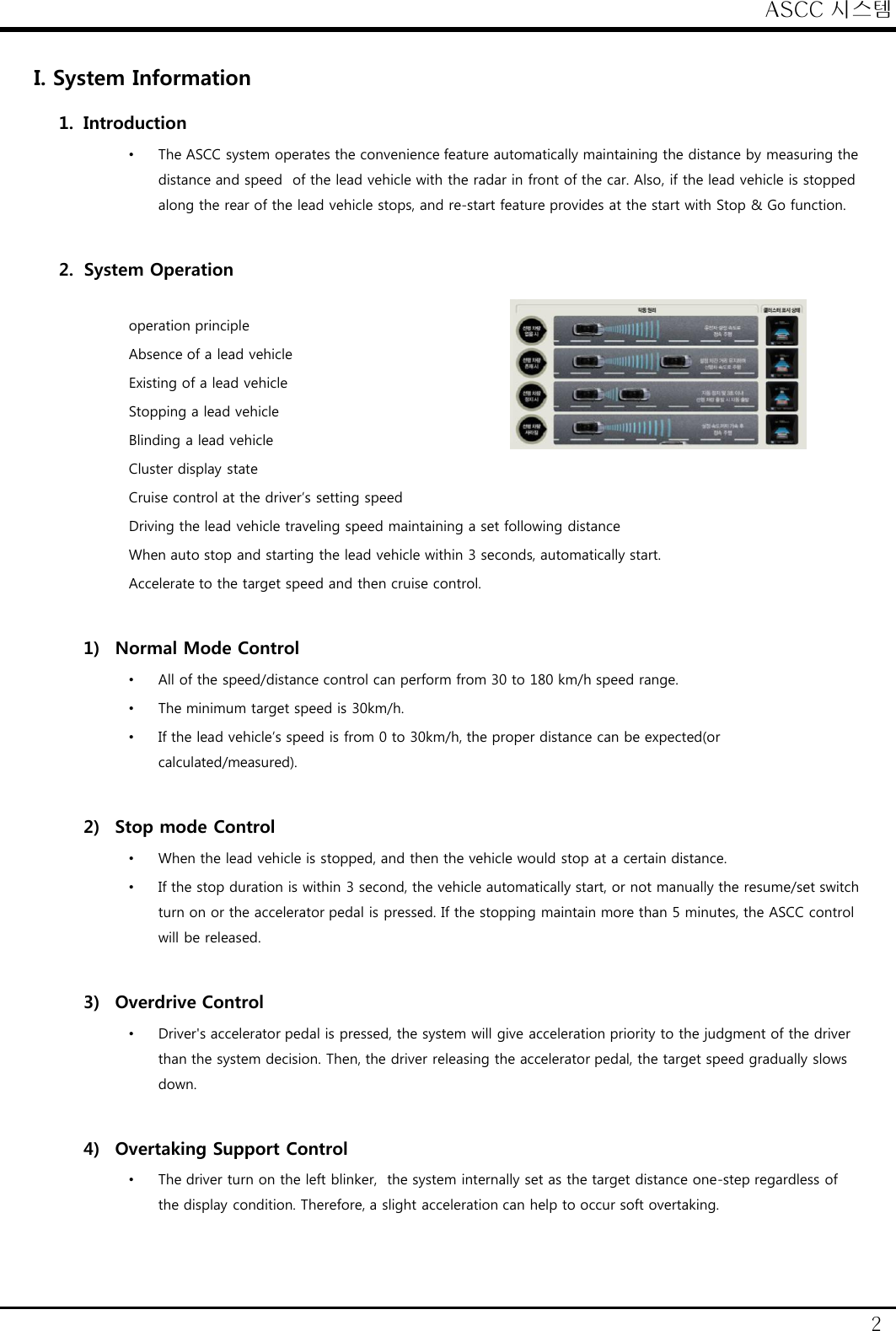 ASCC 시스템 2 I. System Information 1. Introduction &bull;The ASCC system operates the convenience feature automatically maintaining the distance by measuring the distance and speed  of the lead vehicle with the radar in front of the car. Also, if the lead vehicle is stopped along the rear of the lead vehicle stops, and re-start feature provides at the start with Stop &amp; Go function.  2. System Operation  operation principle Absence of a lead vehicle Existing of a lead vehicle Stopping a lead vehicle Blinding a lead vehicle Cluster display state Cruise control at the driver&rsquo;s setting speed Driving the lead vehicle traveling speed maintaining a set following distance When auto stop and starting the lead vehicle within 3 seconds, automatically start. Accelerate to the target speed and then cruise control.   1) Normal Mode Control &bull;All of the speed/distance control can perform from 30 to 180 km/h speed range.  &bull;The minimum target speed is 30km/h. &bull;If the lead vehicle&rsquo;s speed is from 0 to 30km/h, the proper distance can be expected(or calculated/measured).  2) Stop mode Control &bull;When the lead vehicle is stopped, and then the vehicle would stop at a certain distance. &bull;If the stop duration is within 3 second, the vehicle automatically start, or not manually the resume/set switch turn on or the accelerator pedal is pressed. If the stopping maintain more than 5 minutes, the ASCC control will be released.  3) Overdrive Control &bull;Driver's accelerator pedal is pressed, the system will give acceleration priority to the judgment of the driver than the system decision. Then, the driver releasing the accelerator pedal, the target speed gradually slows down.  4) Overtaking Support Control &bull;The driver turn on the left blinker,  the system internally set as the target distance one-step regardless of the display condition. Therefore, a slight acceleration can help to occur soft overtaking.  