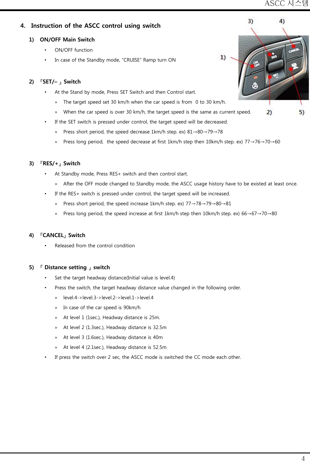 ASCC 시스템 4 4. Instruction of the ASCC control using switch 1) ON/OFF Main Switch &bull;ON/OFF function &bull;In case of the Standby mode, &ldquo;CRUISE&rdquo; Ramp turn ON  2) 『SET/&ndash; 』 Switch  &bull;At the Stand by mode, Press SET Switch and then Control start. &raquo;The target speed set 30 km/h when the car speed is from  0 to 30 km/h. &raquo;When the car speed is over 30 km/h, the target speed is the same as current speed. &bull;If the SET switch is pressed under control, the target speed will be decreased. &raquo;Press short period, the speed decrease 1km/h step. ex) 81&rarr;80&rarr;79&rarr;78 &raquo;Press long period,  the speed decrease at first 1km/h step then 10km/h step. ex) 77&rarr;76&rarr;70&rarr;60  3) 『RES/+』 Switch &bull;At Standby mode, Press RES+ switch and then control start. &raquo;After the OFF mode changed to Standby mode, the ASCC usage history have to be existed at least once. &bull;If the RES+ switch is pressed under control, the target speed will be increased. &raquo;Press short period, the speed increase 1km/h step. ex) 77&rarr;78&rarr;79&rarr;80&rarr;81 &raquo;Press long period, the speed increase at first 1km/h step then 10km/h step. ex) 66&rarr;67&rarr;70&rarr;80  4) 『CANCEL』 Switch &bull;Released from the control condition  5) 『 Distance setting 』 switch &bull;Set the target headway distance(Initial value is level.4) &bull;Press the switch, the target headway distance value changed in the following order.  &raquo;level.4->level.3->level.2->level.1->level.4  &raquo;In case of the car speed is 90km/h &raquo;At level 1 (1sec.), Headway distance is 25m. &raquo;At level 2 (1.3sec.), Headway distance is 32.5m &raquo;At level 3 (1.6sec.), Headway distance is 40m &raquo;At level 4 (2.1sec.), Headway distance is 52.5m &bull;If press the switch over 2 sec, the ASCC mode is switched the CC mode each other. 