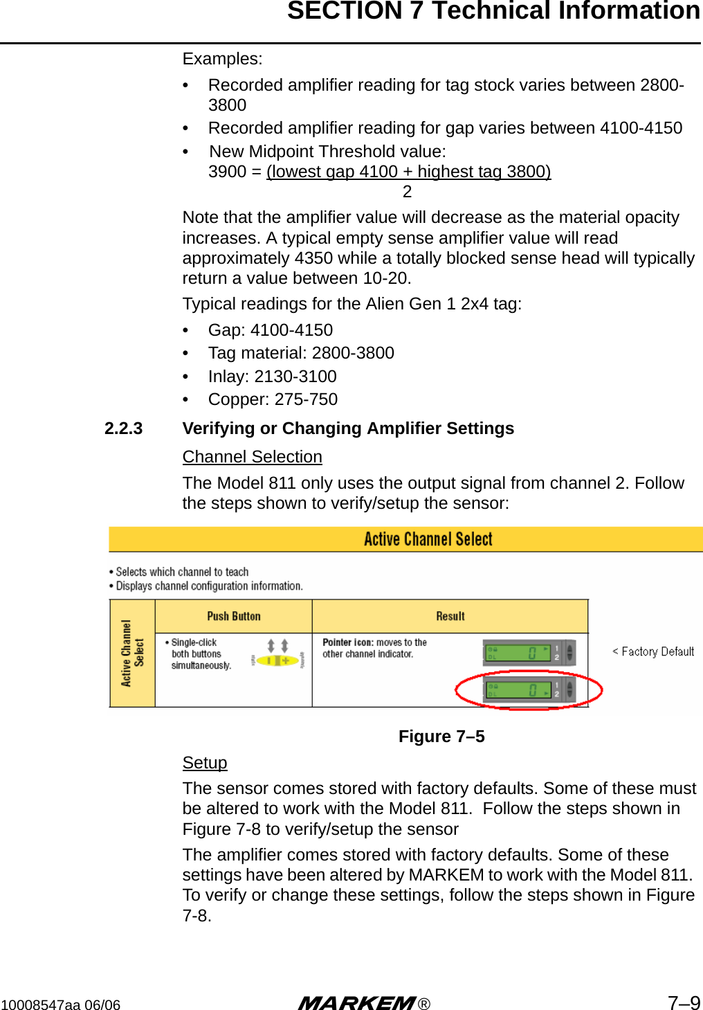 SECTION 7 Technical Information10008547aa 06/06 m®7–9Examples: • Recorded amplifier reading for tag stock varies between 2800-3800• Recorded amplifier reading for gap varies between 4100-4150• New Midpoint Threshold value:3900 = (lowest gap 4100 + highest tag 3800)2Note that the amplifier value will decrease as the material opacity increases. A typical empty sense amplifier value will read approximately 4350 while a totally blocked sense head will typically return a value between 10-20.Typical readings for the Alien Gen 1 2x4 tag: • Gap: 4100-4150• Tag material: 2800-3800• Inlay: 2130-3100• Copper: 275-7502.2.3 Verifying or Changing Amplifier SettingsChannel SelectionThe Model 811 only uses the output signal from channel 2. Follow the steps shown to verify/setup the sensor:Figure 7–5SetupThe sensor comes stored with factory defaults. Some of these must be altered to work with the Model 811.  Follow the steps shown in Figure 7-8 to verify/setup the sensorThe amplifier comes stored with factory defaults. Some of these settings have been altered by MARKEM to work with the Model 811.  To verify or change these settings, follow the steps shown in Figure 7-8.