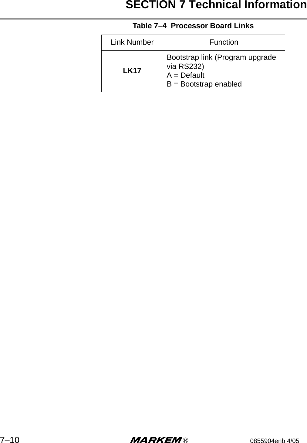 SECTION 7 Technical Information7–10 m®0855904enb 4/05 LK17Bootstrap link (Program upgrade via RS232)A = DefaultB = Bootstrap enabledTable 7–4  Processor Board LinksLink Number Function