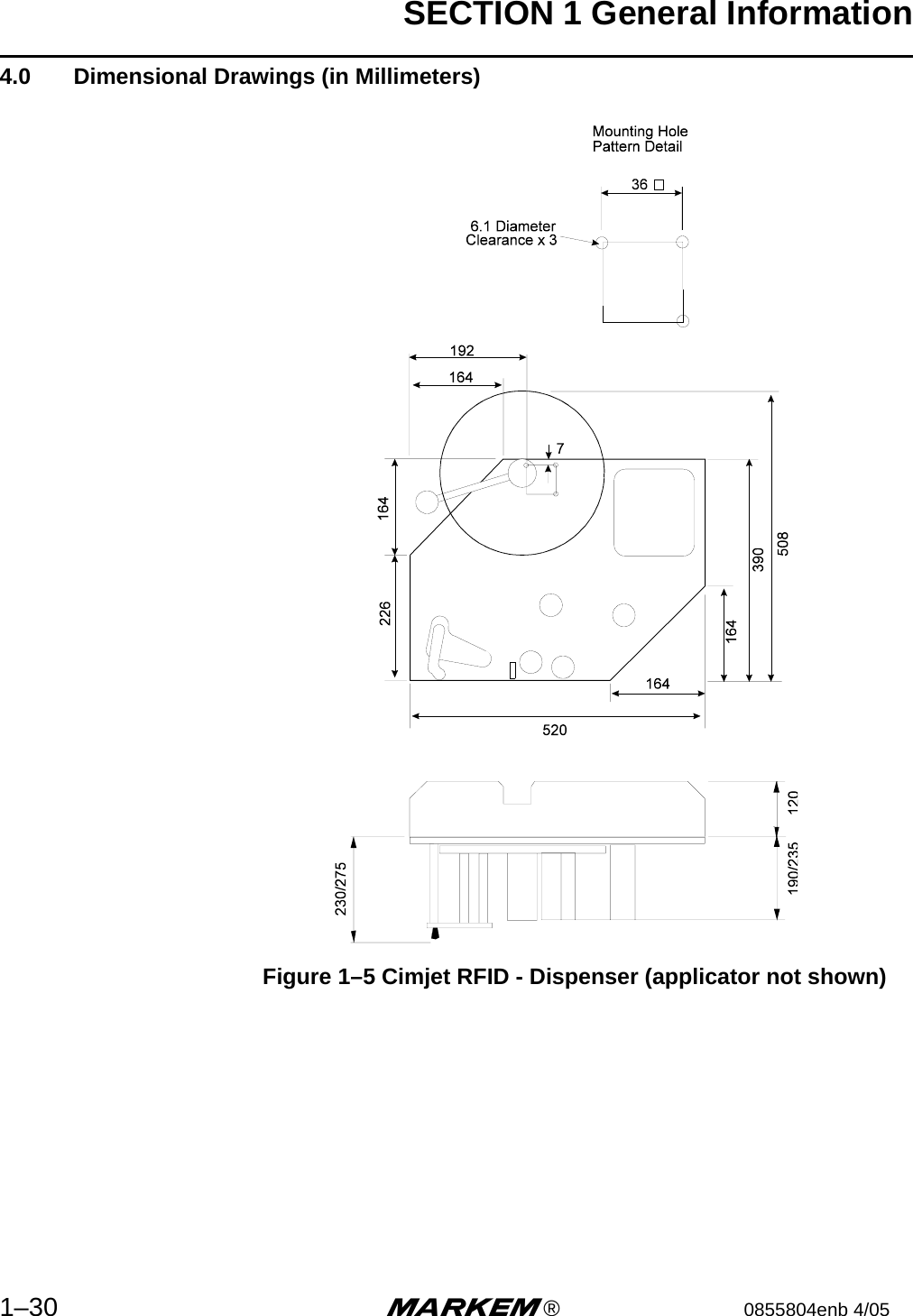 SECTION 1 General Information1–30 m®0855804enb 4/054.0  Dimensional Drawings (in Millimeters)Figure 1–5 Cimjet RFID - Dispenser (applicator not shown)