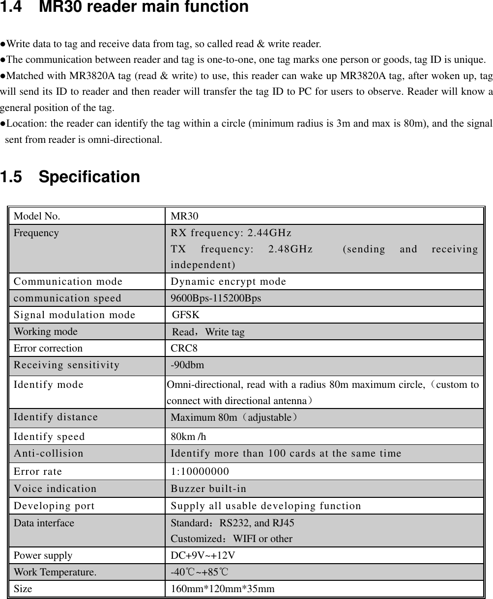  1.4    MR30 reader main function ●Write data to tag and receive data from tag, so called read &amp; write reader. ●The communication between reader and tag is one-to-one, one tag marks one person or goods, tag ID is unique. ●Matched with MR3820A tag (read &amp; write) to use, this reader can wake up MR3820A tag, after woken up, tag will send its ID to reader and then reader will transfer the tag ID to PC for users to observe. Reader will know a general position of the tag. ●Location: the reader can identify the tag within a circle (minimum radius is 3m and max is 80m), and the signal sent from reader is omni-directional. 1.5    Specification Model No. MR30               Frequency RX frequency: 2.44GHz TX  frequency:  2.48GHz  (sending  and  receiving independent) Communication mode Dynamic encrypt mode communication speed 9600Bps-115200Bps Signal modulation mode GFSK    Working mode Read，Write tag Error correction CRC8 Receiving sensitivity -90dbm Identify mode Omni-directional, read with a radius 80m maximum circle,（custom to connect with directional antenna） Identify distance Maximum 80m（adjustable） Identify speed 80km /h   Anti-collision Identify more than 100 cards at the same time Error rate 1:10000000 Voice indication Buzzer built-in Developing port Supply all usable developing function Data interface Standard：RS232, and RJ45 Customized：WIFI or other Power supply   DC+9V~+12V     Work Temperature. -40℃~+85℃  Size 160mm*120mm*35mm       