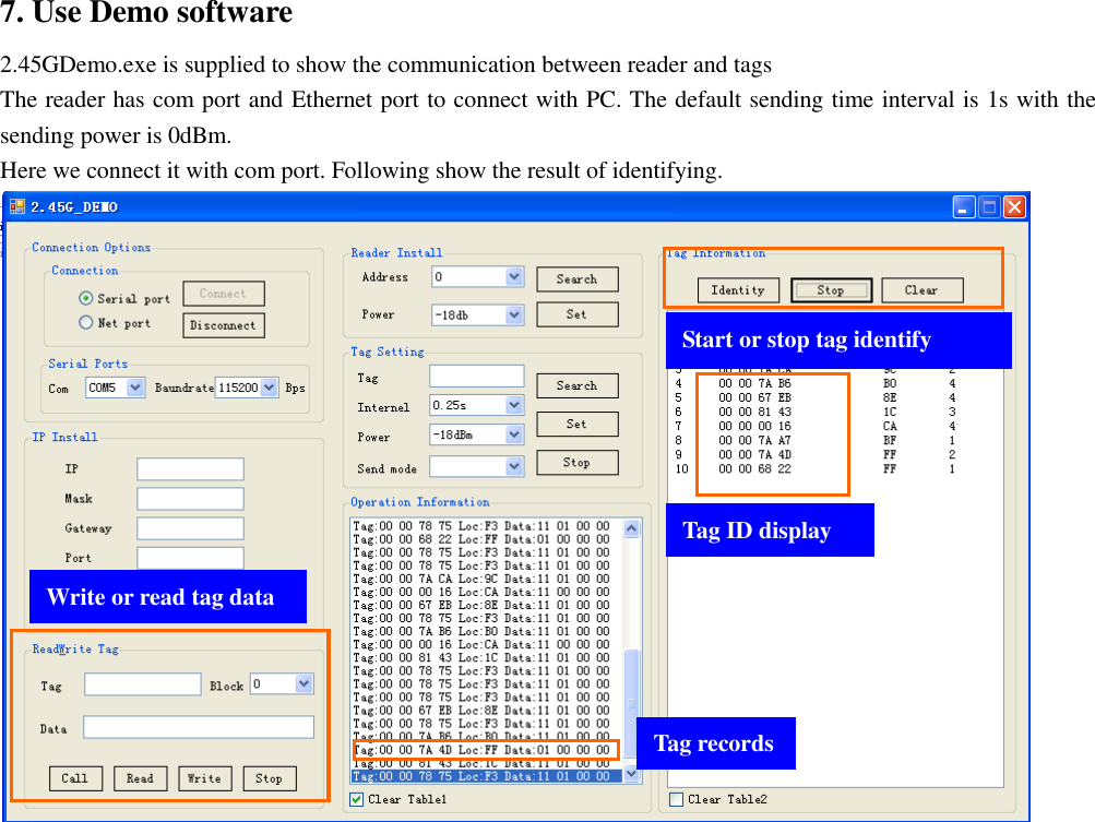 7. Use Demo software 2.45GDemo.exe is supplied to show the communication between reader and tags The reader has com port and Ethernet port to connect with PC. The default sending time interval is 1s with the sending power is 0dBm. Here we connect it with com port. Following show the result of identifying.                        Start or stop tag identify Tag ID display Tag records Write or read tag data 