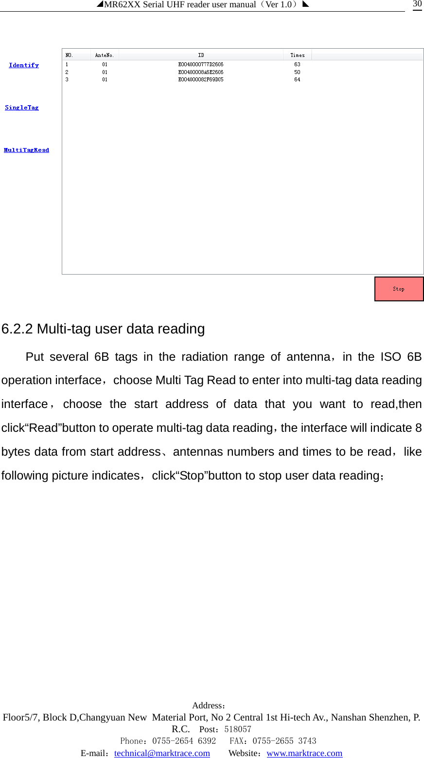 ◢MR62XX Serial UHF reader user manual（Ver 1.0）◣ Address：Floor5/7, Block D,Changyuan New  Material Port, No 2 Central 1st Hi-tech Av., Nanshan Shenzhen, P.R.C. Post：518057    Phone：0755-2654 6392   FAX：0755-2655 3743 E-mail：technical@marktrace.com   Website：www.marktrace.com 30  6.2.2 Multi-tag user data reading Put several 6B tags in the radiation range of antenna，in the ISO 6B operation interface，choose Multi Tag Read to enter into multi-tag data reading interface，choose the start address of data that you want to read,then click“Read”button to operate multi-tag data reading，the interface will indicate 8 bytes data from start address、antennas numbers and times to be read，like following picture indicates，click“Stop”button to stop user data reading； 