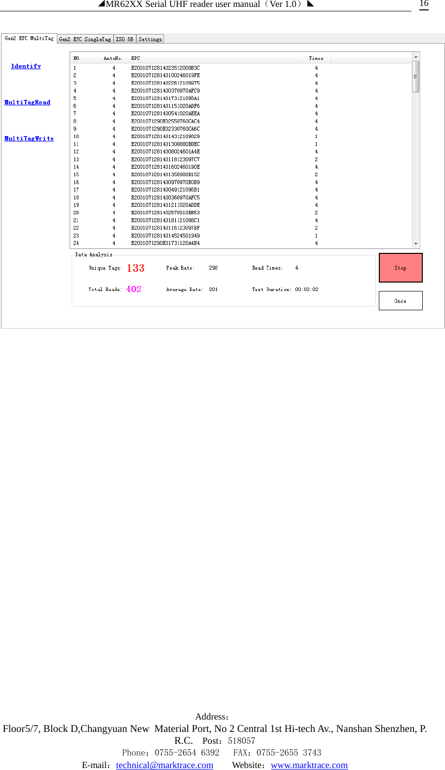 ◢MR62XX Serial UHF reader user manual（Ver 1.0）◣ Address：Floor5/7, Block D,Changyuan New  Material Port, No 2 Central 1st Hi-tech Av., Nanshan Shenzhen, P.R.C. Post：518057    Phone：0755-2654 6392   FAX：0755-2655 3743 E-mail：technical@marktrace.com   Website：www.marktrace.com 16  