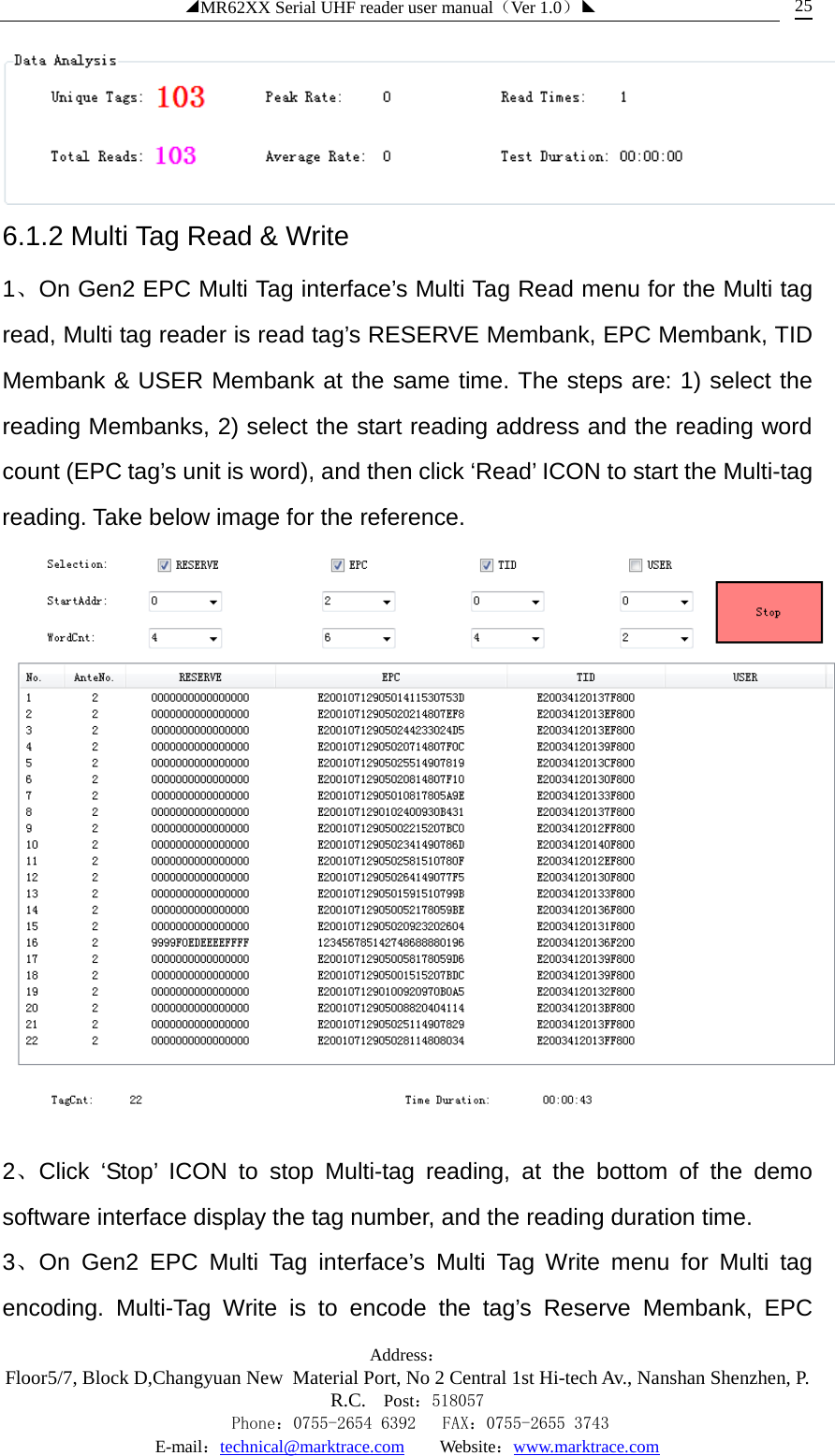 ◢MR62XX Serial UHF reader user manual（Ver 1.0）◣ Address：Floor5/7, Block D,Changyuan New  Material Port, No 2 Central 1st Hi-tech Av., Nanshan Shenzhen, P.R.C. Post：518057    Phone：0755-2654 6392   FAX：0755-2655 3743 E-mail：technical@marktrace.com   Website：www.marktrace.com 25  6.1.2 Multi Tag Read &amp; Write 1、On Gen2 EPC Multi Tag interface’s Multi Tag Read menu for the Multi tag read, Multi tag reader is read tag’s RESERVE Membank, EPC Membank, TID Membank &amp; USER Membank at the same time. The steps are: 1) select the reading Membanks, 2) select the start reading address and the reading word count (EPC tag’s unit is word), and then click ‘Read’ ICON to start the Multi-tag reading. Take below image for the reference.  2、Click ‘Stop’ ICON to stop Multi-tag reading, at the bottom of the demo software interface display the tag number, and the reading duration time. 3、On Gen2 EPC Multi Tag interface’s Multi Tag Write menu for Multi tag encoding. Multi-Tag Write is to encode the tag’s Reserve Membank, EPC 