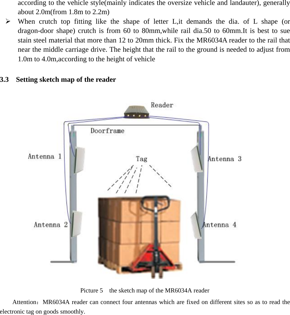   according to the vehicle style(mainly indicates the oversize vehicle and landauter), generally about 2.0m(from 1.8m to 2.2m) ¾ When crutch top fitting like the shape of letter L,it demands the dia. of L shape (or dragon-door shape) crutch is from 60 to 80mm,while rail dia.50 to 60mm.It is best to sue stain steel material that more than 12 to 20mm thick. Fix the MR6034A reader to the rail that near the middle carriage drive. The height that the rail to the ground is needed to adjust from 1.0m to 4.0m,according to the height of vehicle   3.3    Setting sketch map of the reader         Picture 5    the sketch map of the MR6034A reader   Attention：MR6034A reader can connect four antennas which are fixed on different sites so as to read the electronic tag on goods smoothly.       