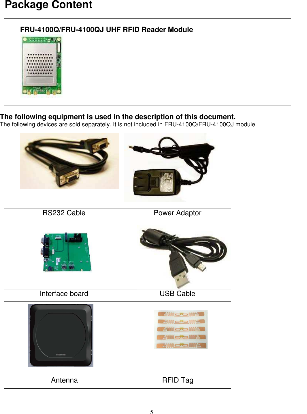 5   Package Content    FRU-4100Q/FRU-4100QJ UHF RFID Reader Module    The following equipment is used in the description of this document. The following devices are sold separately. It is not included in FRU-4100Q/FRU-4100QJ module.     RS232 Cable  Power Adaptor      Interface board  USB Cable      Antenna  RFID Tag 