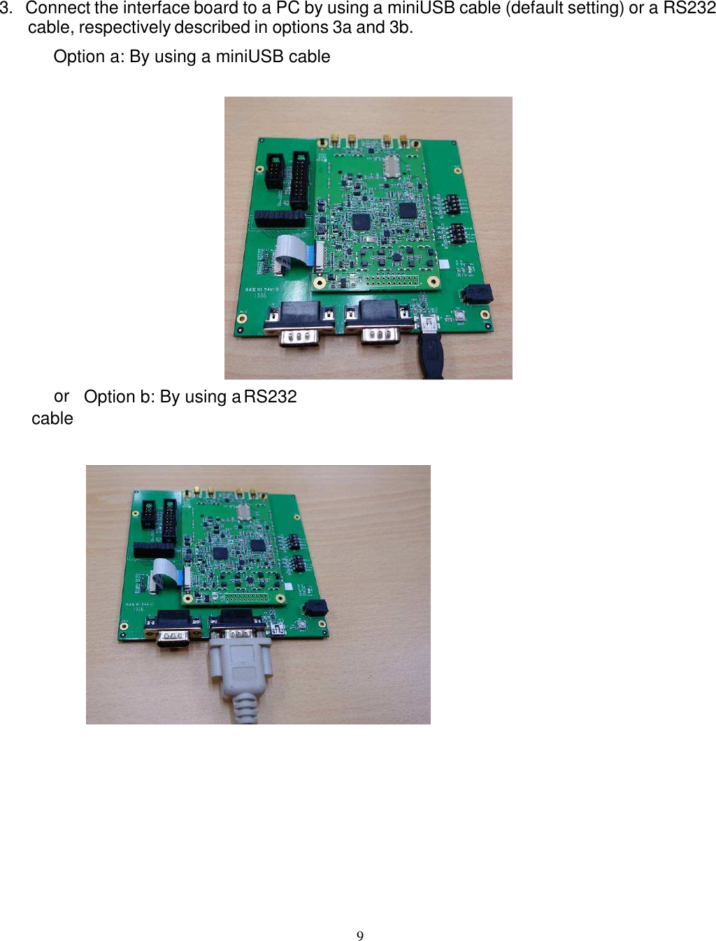 9      3. Connect the interface board to a PC by using a miniUSB cable (default setting) or a RS232 cable, respectively described in options 3a and 3b. Option a: By using a miniUSB cable      or  Option b: By using a RS232 cable     