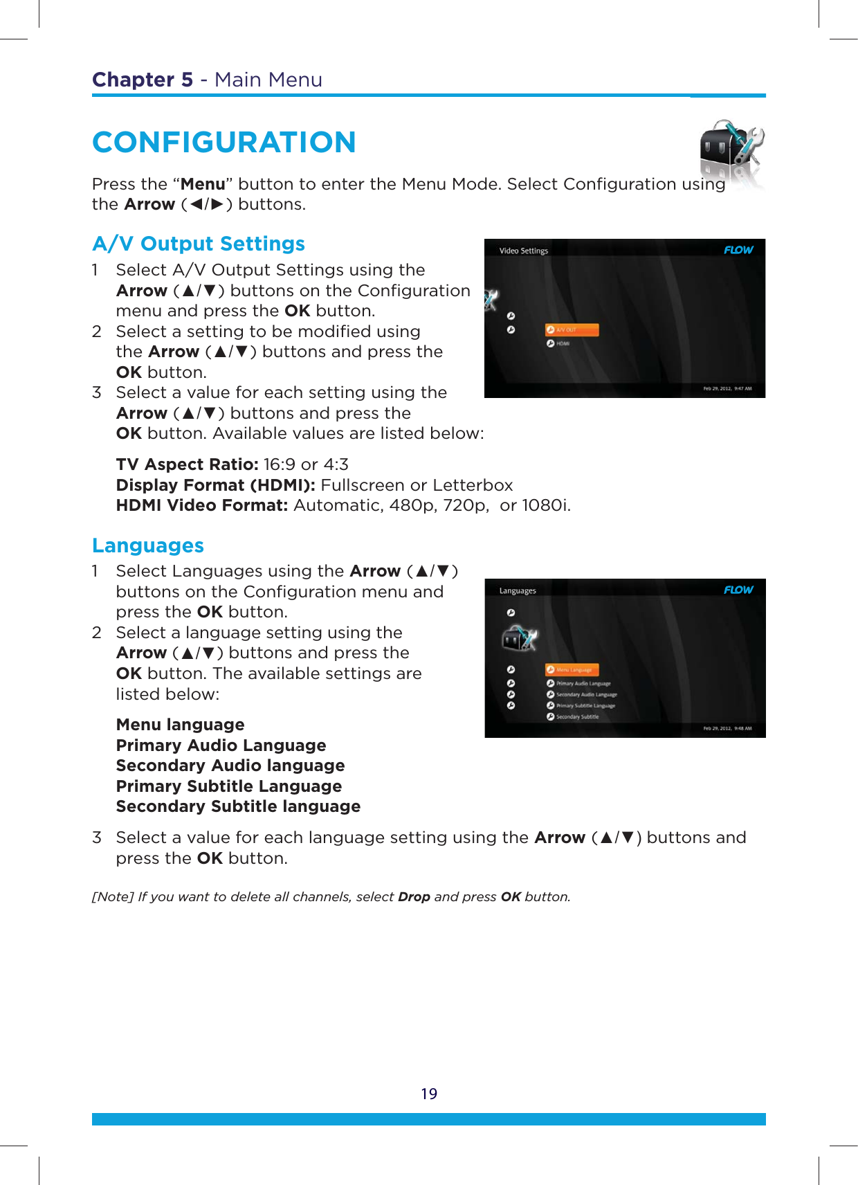 19Chapter 5 - Main MenuCONFIGURATIONPress the “Menu” button to enter the Menu Mode. Select Conﬁguration using  the Arrow (ŻŹ) buttons.A/V Output Settings1  Select A/V Output Settings using the   Arrow (Ÿź) buttons on the Conﬁguration    menu and press the OK button.  2  Select a setting to be modiﬁed using   the Arrow (Ÿź) buttons and press the   OK button.  3  Select a value for each setting using the   Arrow (Ÿź) buttons and press the   OK button. Available values are listed below:  TV Aspect Ratio: 16:9 or 4:3  Display Format (HDMI): Fullscreen or Letterbox  HDMI Video Format: Automatic, 480p, 720p,  or 1080i.Languages1  Select Languages using the Arrow (Ÿź)    buttons on the Conﬁguration menu and   press the OK button.  2  Select a language setting using the   Arrow (Ÿź) buttons and press the   OK button. The available settings are   listed below: Menu language    Primary Audio Language  Secondary Audio language   Primary Subtitle Language   Secondary Subtitle language3  Select a value for each language setting using the Arrow (Ÿź buttons and   press the OK button.[Note] If you want to delete all channels, select Drop and press OK button.