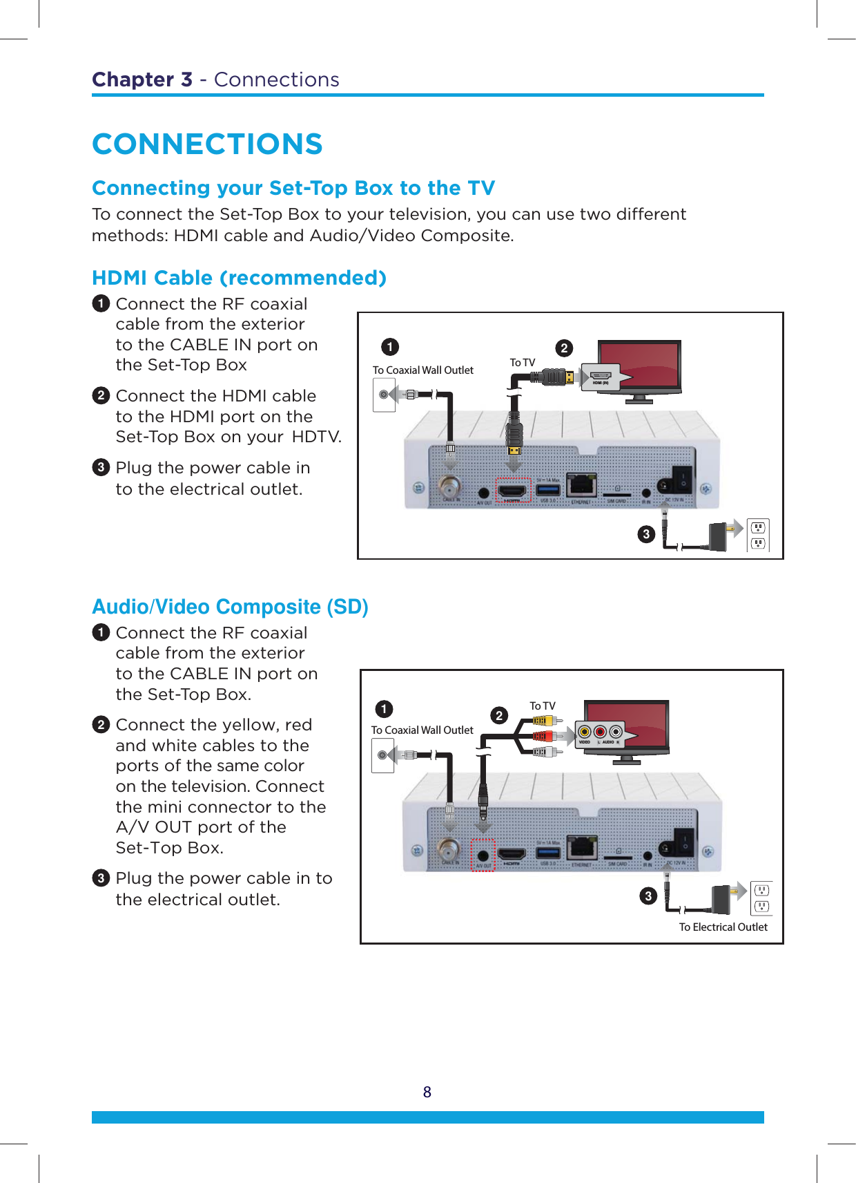 Chapter 3 - Connections8CONNECTIONS Connecting your Set-Top Box to the TVTo connect the Set-Top Box to your television, you can use two dierent methods: HDMI cable and Audio/Video Composite.                                                                                                        HDMI Cable (recommended)1 Connect the RF coaxial    cable from the exterior    to the CABLE IN port on    the Set-Top Box2 Connect the HDMI cable    to the HDMI port on the    Set-Top Box on your  HDTV.3 Plug the power cable in    to the electrical outlet.Audio/Video Composite (SD)1 Connect the RF coaxial    cable from the exterior    to the CABLE IN port on    the Set-Top Box.2 Connect the yellow, red    and white cables to the   ports of the same color    on the television. Connect    the mini connector to the    A/V OUT port of the   Set-Top Box. 3 Plug the power cable in to    the electrical outlet.To Coaxial Wall OutletHDMI (IN)To T VTo Coaxial Wall OutletTo Electrical OutletTo T VVIDEOLAUDIOR112233