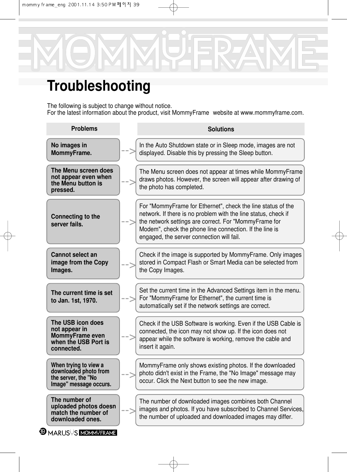 39TroubleshootingThe following is subject to change without notice.For the latest information about the product, visit MommyFrame website at www.mommyframe.com.Problems SolutionsNo images inMommyFrame. In the Auto Shutdown state or in Sleep mode, images are notdisplayed. Disable this by pressing the Sleep button.The Menu screen doesnot appear even whenthe Menu button ispressed.The Menu screen does not appear at times while MommyFramedraws photos. However, the screen will appear after drawing ofthe photo has completed.Connecting to theserver fails.For &quot;MommyFrame for Ethernet&quot;, check the line status of thenetwork. If there is no problem with the line status, check ifthe network settings are correct. For &quot;MommyFrame forModem&quot;, check the phone line connection. If the line isengaged, the server connection will fail.Cannot select animage from the CopyImages.Check if the image is supported by MommyFrame. Only imagesstored in Compact Flash or Smart Media can be selected fromthe Copy Images.--&gt;--&gt;--&gt;--&gt;The current time is setto Jan. 1st, 1970.Set the current time in the Advanced Settings item in the menu.For &quot;MommyFrame for Ethernet&quot;, the current time isautomatically set if the network settings are correct.--&gt;The USB icon doesnot appear inMommyFrame evenwhen the USB Port isconnected.Check if the USB Software is working. Even if the USB Cable isconnected, the icon may not show up. If the icon does notappear while the software is working, remove the cable andinsert it again.--&gt;When trying to view adownloaded photo fromthe server, the &quot;NoImage&quot; message occurs.--&gt;The number ofuploaded photos doesnmatch the number ofdownloaded ones.The number of downloaded images combines both Channelimages and photos. If you have subscribed to Channel Services,the number of uploaded and downloaded images may differ.--&gt;MommyFrame only shows existing photos. If the downloadedphoto didn&apos;t exist in the Frame, the &quot;No Image&quot; message mayoccur. Click the Next button to see the new image.