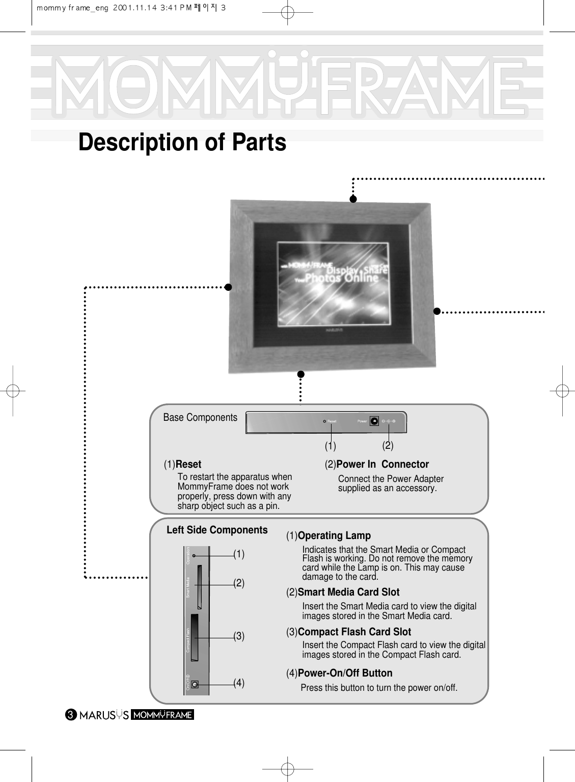 3Left Side ComponentsOn/Off(1)(2)(3)(4)(1) Operating LampInsert the Smart Media card to view the digitalimages stored in the Smart Media card.Indicates that the Smart Media or CompactFlash is working. Do not remove the memorycard while the Lamp is on. This may causedamage to the card.(2) Smart Media Card SlotInsert the Compact Flash card to view the digitalimages stored in the Compact Flash card.Press this button to turn the power on/off.(3) Compact Flash Card Slot(4) Power-On/Off ButtonDescription of PartsBase Components (1) ResetTo restart the apparatus whenMommyFrame does not workproperly, press down with anysharp object such as a pin.(2) Power In  ConnectorConnect the Power Adaptersupplied as an accessory.(2)(1)