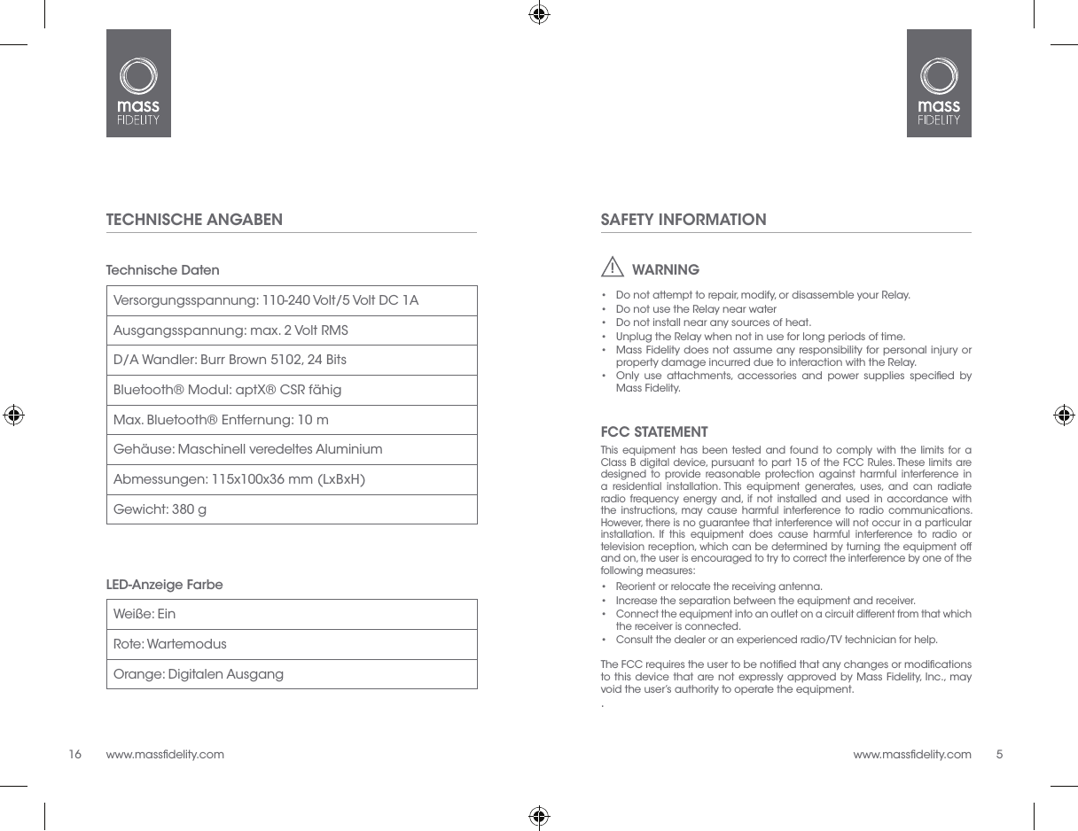 MASS FIDELITY RELAY Bluetooth Audio Receiver User Manual RelayManual