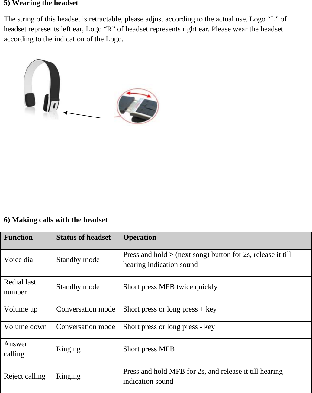    5) Wearing the headset  The string of this headset is retractable, please adjust according to the actual use. Logo &ldquo;L&rdquo; of headset represents left ear, Logo &ldquo;R&rdquo; of headset represents right ear. Please wear the headset according to the indication of the Logo.                           6) Making calls with the headset  Function   Status of headset   Operation  Voice dial   Standby mode   Press and hold > (next song) button for 2s, release it till hearing indication sound  Redial last number   Standby mode   Short press MFB twice quickly  Volume up   Conversation mode  Short press or long press + key  Volume down   Conversation mode  Short press or long press - key  Answer calling   Ringing   Short press MFB  Reject calling   Ringing   Press and hold MFB for 2s, and release it till hearing indication sound     