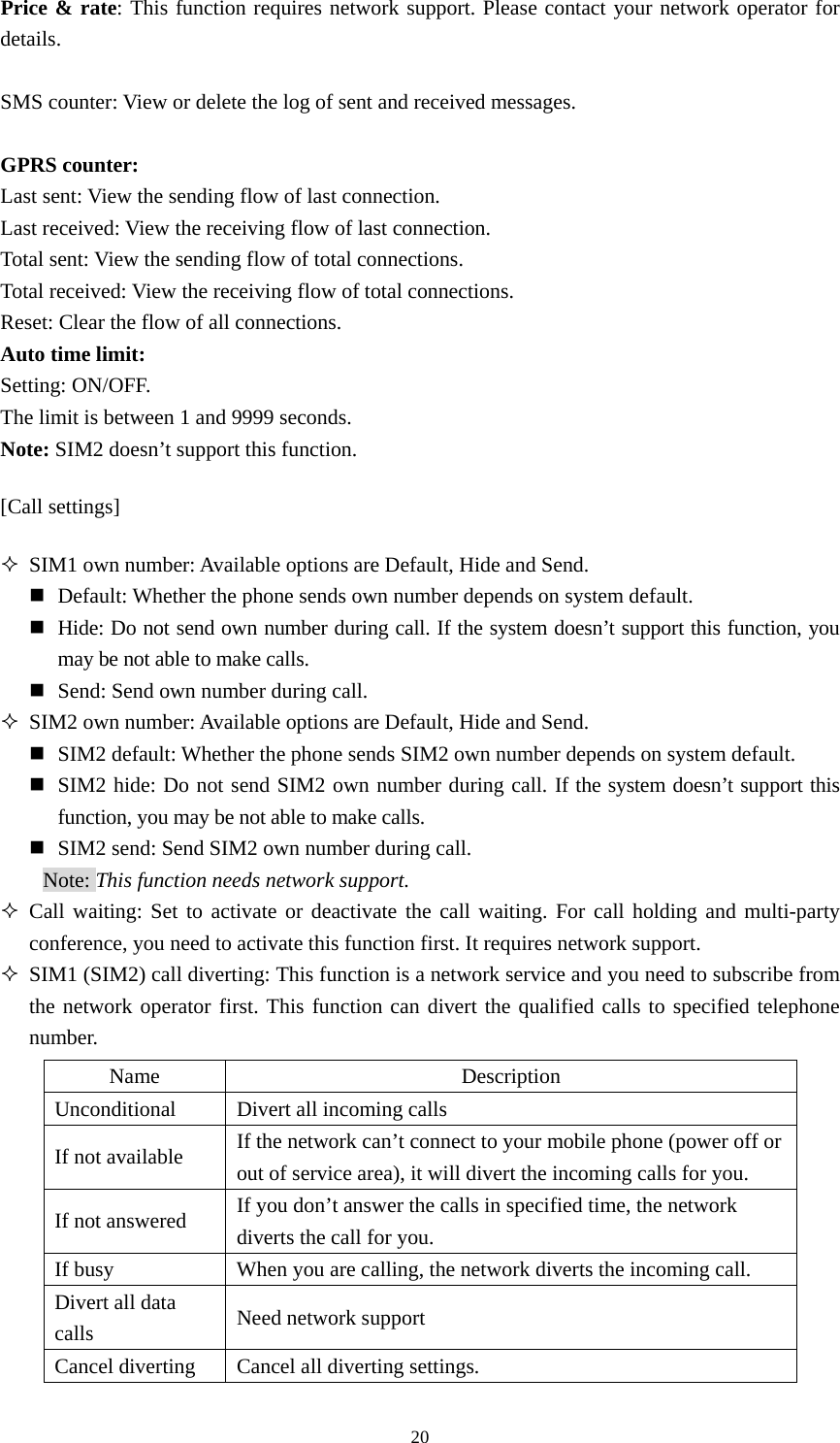  20Price &amp; rate: This function requires network support. Please contact your network operator for details.   SMS counter: View or delete the log of sent and received messages.    GPRS counter: Last sent: View the sending flow of last connection.   Last received: View the receiving flow of last connection.   Total sent: View the sending flow of total connections.   Total received: View the receiving flow of total connections.   Reset: Clear the flow of all connections.   Auto time limit: Setting: ON/OFF.   The limit is between 1 and 9999 seconds.   Note: SIM2 doesn’t support this function.   [Call settings]  SIM1 own number: Available options are Default, Hide and Send.    Default: Whether the phone sends own number depends on system default.    Hide: Do not send own number during call. If the system doesn’t support this function, you may be not able to make calls.    Send: Send own number during call.    SIM2 own number: Available options are Default, Hide and Send.    SIM2 default: Whether the phone sends SIM2 own number depends on system default.    SIM2 hide: Do not send SIM2 own number during call. If the system doesn’t support this function, you may be not able to make calls.    SIM2 send: Send SIM2 own number during call.   Note: This function needs network support.    Call waiting: Set to activate or deactivate the call waiting. For call holding and multi-party conference, you need to activate this function first. It requires network support.    SIM1 (SIM2) call diverting: This function is a network service and you need to subscribe from the network operator first. This function can divert the qualified calls to specified telephone number.  Name Description Unconditional Divert all incoming calls   If not available   If the network can’t connect to your mobile phone (power off or out of service area), it will divert the incoming calls for you.   If not answered If you don’t answer the calls in specified time, the network diverts the call for you.   If busy When you are calling, the network diverts the incoming call.   Divert all data calls Need network support Cancel diverting Cancel all diverting settings.   