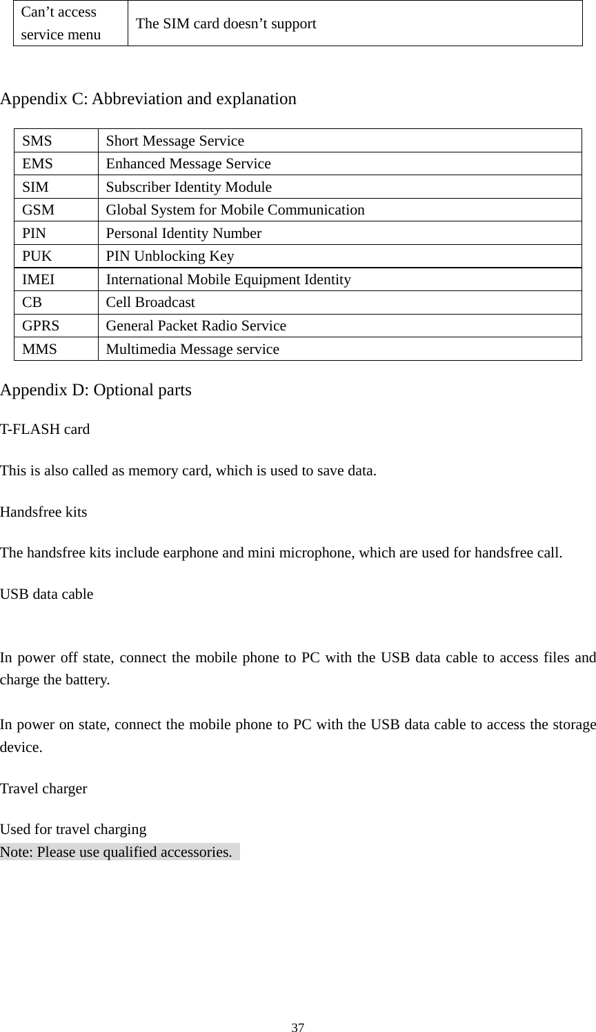  37Can’t access service menu  The SIM card doesn’t support  Appendix C: Abbreviation and explanation SMS  Short Message Service EMS Enhanced Message Service SIM  Subscriber Identity Module GSM  Global System for Mobile Communication PIN  Personal Identity Number PUK  PIN Unblocking Key IMEI  International Mobile Equipment Identity CB Cell Broadcast GPRS  General Packet Radio Service MMS  Multimedia Message service Appendix D: Optional parts T-FLASH card This is also called as memory card, which is used to save data.   Handsfree kits   The handsfree kits include earphone and mini microphone, which are used for handsfree call.   USB data cable  In power off state, connect the mobile phone to PC with the USB data cable to access files and charge the battery.    In power on state, connect the mobile phone to PC with the USB data cable to access the storage device.   Travel charger Used for travel charging   Note: Please use qualified accessories.      