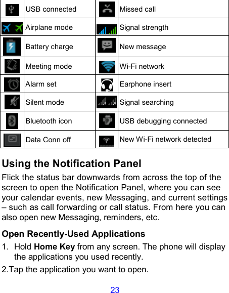 23  USB connected  Missed call  Airplane mode  Signal strength  Battery charge  New message  Meeting mode  Wi-Fi network  Alarm set  Earphone insert  Silent mode  Signal searching  Bluetooth icon  USB debugging connected  Data Conn off  New Wi-Fi network detected  Using the Notification Panel                                       Flick the status bar downwards from across the top of the screen to open the Notification Panel, where you can see your calendar events, new Messaging, and current settings – such as call forwarding or call status. From here you can also open new Messaging, reminders, etc.    Open Recently-Used Applications 1.  Hold Home Key from any screen. The phone will display the applications you used recently. 2.Tap the application you want to open. 