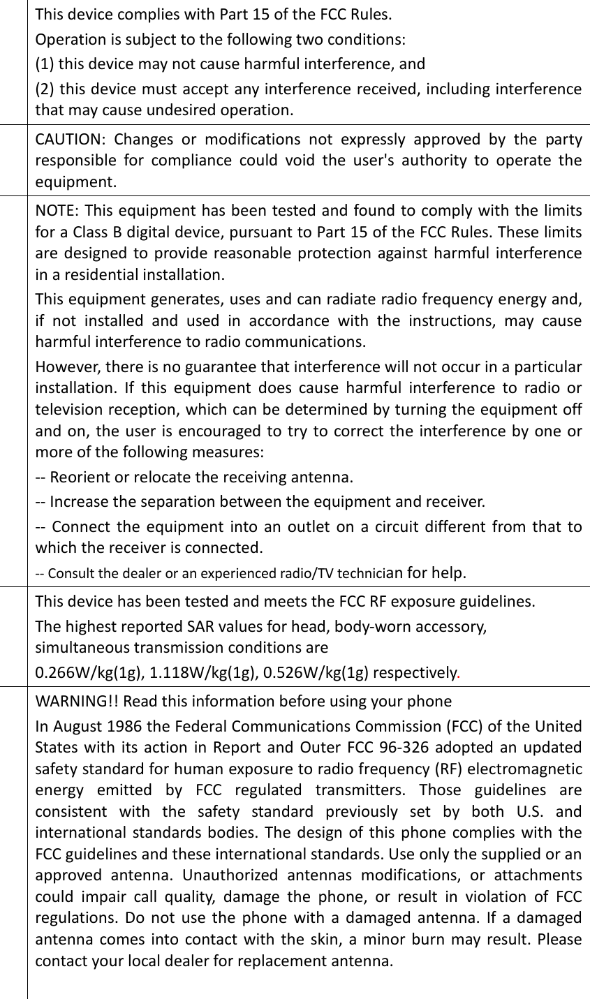 This device complies with Part 15 of the FCC Rules.   Operation is subject to the following two conditions:   (1) this device may not cause harmful interference, and (2) this device must accept any interference received, including interference that may cause undesired operation. CAUTION:  Changes  or  modifications  not  expressly  approved  by  the  party responsible  for  compliance  could  void  the  user&apos;s  authority  to  operate  the equipment. NOTE: This equipment has been tested and found to comply with the limits for a Class B digital device, pursuant to Part 15 of the FCC Rules. These limits are designed  to  provide reasonable protection against harmful  interference in a residential installation.   This equipment generates, uses and can radiate radio frequency energy and, if  not  installed  and  used  in  accordance  with  the  instructions,  may  cause harmful interference to radio communications. However, there is no guarantee that interference will not occur in a particular installation.  If  this  equipment  does  cause  harmful  interference  to  radio  or television reception, which can be determined by turning the equipment off and on, the user is  encouraged to try  to correct the interference by one or more of the following measures:   -- Reorient or relocate the receiving antenna.   -- Increase the separation between the equipment and receiver.   --  Connect the  equipment into  an  outlet  on  a  circuit  different  from  that  to which the receiver is connected.   -- Consult the dealer or an experienced radio/TV technician for help. This device has been tested and meets the FCC RF exposure guidelines. The highest reported SAR values for head, body-worn accessory, simultaneous transmission conditions are 0.266W/kg(1g), 1.118W/kg(1g), 0.526W/kg(1g) respectively. WARNING!! Read this information before using your phone In August 1986 the Federal Communications Commission (FCC) of the United States  with  its action  in  Report  and  Outer FCC 96-326  adopted  an updated safety standard for human exposure to radio frequency (RF) electromagnetic energy  emitted  by  FCC  regulated  transmitters.  Those  guidelines  are consistent  with  the  safety  standard  previously  set  by  both  U.S.  and international  standards bodies. The  design  of this  phone  complies with  the FCC guidelines and these international standards. Use only the supplied or an approved  antenna.  Unauthorized  antennas  modifications,  or  attachments could  impair  call  quality,  damage  the  phone,  or  result  in  violation  of  FCC regulations.  Do  not  use  the  phone  with  a  damaged  antenna.  If  a  damaged antenna comes  into contact  with the skin,  a  minor  burn may result. Please contact your local dealer for replacement antenna.  