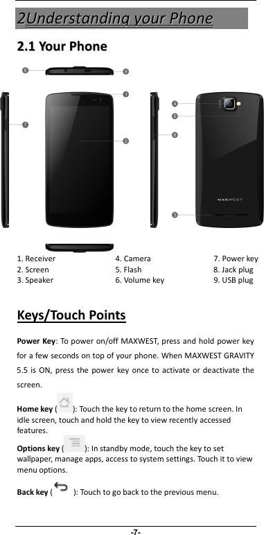                              -7- 22UUnnddeerrssttaannddiinngg  yyoouurr  PPhhoonnee  22..11  YYoouurr  PPhhoonnee    1. Receiver  4. Camera  7. Power key 2. Screen  5. Flash  8. Jack plug 3. Speaker  6. Volume key  9. USB plug  Keys/Touch Points Power Key: To power on/off MAXWEST, press and hold power key for a few seconds on top of your phone. When MAXWEST GRAVITY 5.5 is  ON,  press the  power  key  once to  activate or deactivate the screen.   Home key ( ): Touch the key to return to the home screen. In idle screen, touch and hold the key to view recently accessed features. Options key ( ): In standby mode, touch the key to set wallpaper, manage apps, access to system settings. Touch it to view menu options. Back key ( ): Touch to go back to the previous menu. 