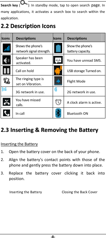                              -8- Search key ( ): In standby  mode, tap to  open search  page. In many  applications,  it  activates  a  search  box  to  search  within  the application.   22..22  DDeessccrriippttiioonn  IIccoonnss  Icons Descriptions  Icons Descriptions  Shows the phone’s network signal strength.  Show the phone’s battery capacity.  Speaker has been activated.  You have unread SMS.  Call on hold  USB storage Turned on.  The ringing type is set on Vibration.    Flight Mode  3G network in use.  2G network in use.  You have missed calls.  A clock alarm is active.  In call  Bluetooth ON 22..33  IInnsseerrttiinngg  &amp;&amp;  RReemmoovviinngg  tthhee  BBaatttteerryy    Inserting the Battery 1. Open the battery cover on the back of your phone. 2. Align  the  battery&apos;s  contact  points  with  those  of  the phone and gently press the battery down into place. 3. Replace  the  battery  cover  clicking  it  back  into position.  Inserting the Battery Closing the Back Cover 