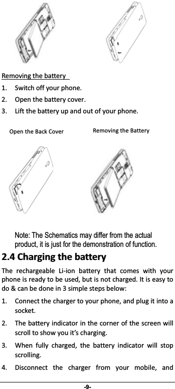                 -9-   Removingthebattery 1. Switchoffyourphone.2. Openthebatterycover. 3. Liftthebatteryupandoutofyourphone. Note: The Schematics may differ from the actual product, it is just for the demonstration of function. 22..44CChhaarrggiinnggtthheebbaatttteerryyThe rechargeable Liion battery that comes with yourphoneisreadytobeused,butisnotcharged.Itiseasytodo&amp;canbedonein3simplestepsbelow: 1. Connectthechargertoyourphone,andplugitintoasocket. 2. Thebatteryindicatorinthecornerofthescreenwillscrolltoshowyouit’scharging. 3. When fully charged, the battery indicator will stopscrolling. 4. Disconnect the charger from your mobile, and RemovingtheBatteryOpentheBackCover