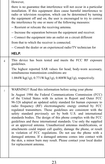   23 However,   there is no guarantee that interference will not occur in a particular installation.  If  this  equipment  does  cause  harmful  interference  to radio  or  television reception,  which  can  be  determined  by  turning the equipment off and on, the user is encouraged  to  try to  correct the interference by one or more of the following measures:   -- Reorient or relocate the receiving antenna.   -- Increase the separation between the equipment and receiver.   -- Connect the equipment into an outlet on a circuit different   from that to which the receiver is connected.   -- Consult the dealer or an experienced radio/TV technician for   HELP. 4 This  device  has  been  tested  and  meets  the  FCC  RF  exposure guidelines. The  highest  reported  SAR  values  for  head,  body-worn  accessary, simultaneous transmission conditions are 1.084W/kg(1g), 0.771W/kg(1g), 0.808W/kg(1g), respectively.  5 WARNING!! Read this information before using your phone In  August  1986  the  Federal  Communications  Commission  (FCC) of  the  United  States  with  its  action  in  Report  and  Outer  FCC 96-326 adopted  an updated safety  standard for human exposure  to radio  frequency  (RF)  electromagnetic  energy  emitted  by  FCC regulated  transmitters.  Those  guidelines  are  consistent  with  the safety  standard  previously  set  by  both  U.S.  and  international standards bodies. The design of this phone complies with the FCC guidelines and these international standards. Use only the supplied or  an  approved  antenna.  Unauthorized  antennas  modifications,  or attachments could impair call quality,  damage the phone,  or result in  violation  of  FCC  regulations.  Do  not  use  the  phone  with  a damaged  antenna.  If  a  damaged  antenna  comes  into  contact  with the skin, a minor burn may result. Please contact your local dealer for replacement antenna.   