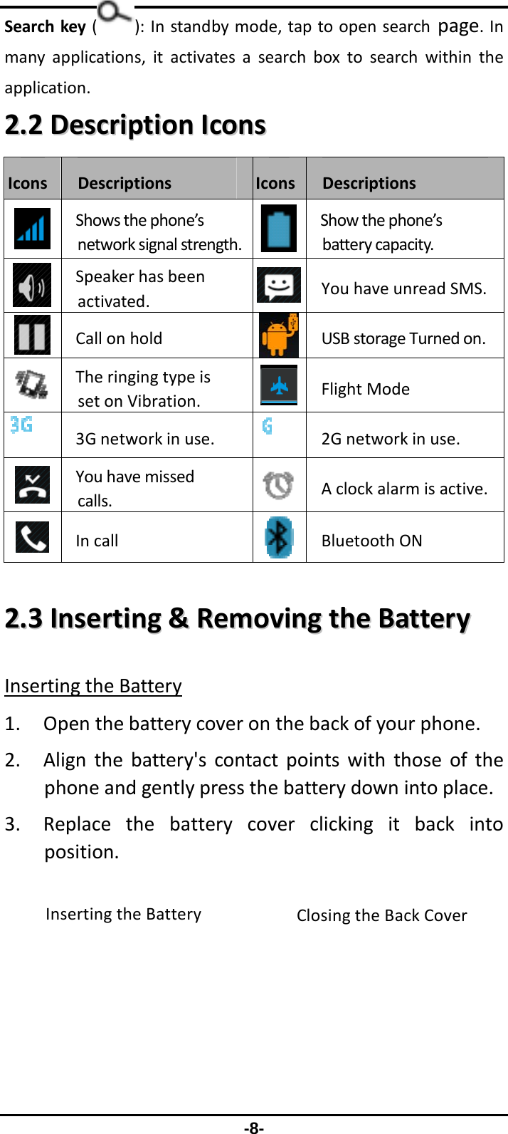                 -8- Searchkey():Instandbymode,taptoopensearchpage.Inmanyapplications,itactivatesasearchboxtosearchwithintheapplication.22..22DDeessccrriippttiioonnIIccoonnssIconsDescriptionsIcons DescriptionsShowsthephone’snetworksignalstrength.Showthephone’sbatterycapacity.Speakerhasbeenactivated.YouhaveunreadSMS.CallonholdUSBstorageTurnedon.TheringingtypeissetonVibration.FlightMode3Gnetworkinuse.2Gnetworkinuse.Youhavemissedcalls.Aclockalarmisactive.IncallBluetoothON22..33IInnsseerrttiinngg&amp;&amp;RReemmoovviinnggtthheeBBaatttteerryyInsertingtheBattery1. Openthebatterycoveronthebackofyourphone.2. Alignthebattery&apos;scontactpointswiththoseofthephoneandgentlypressthebatterydownintoplace.3. Replacethebatterycoverclickingitbackintoposition.InsertingtheBattery ClosingtheBackCover