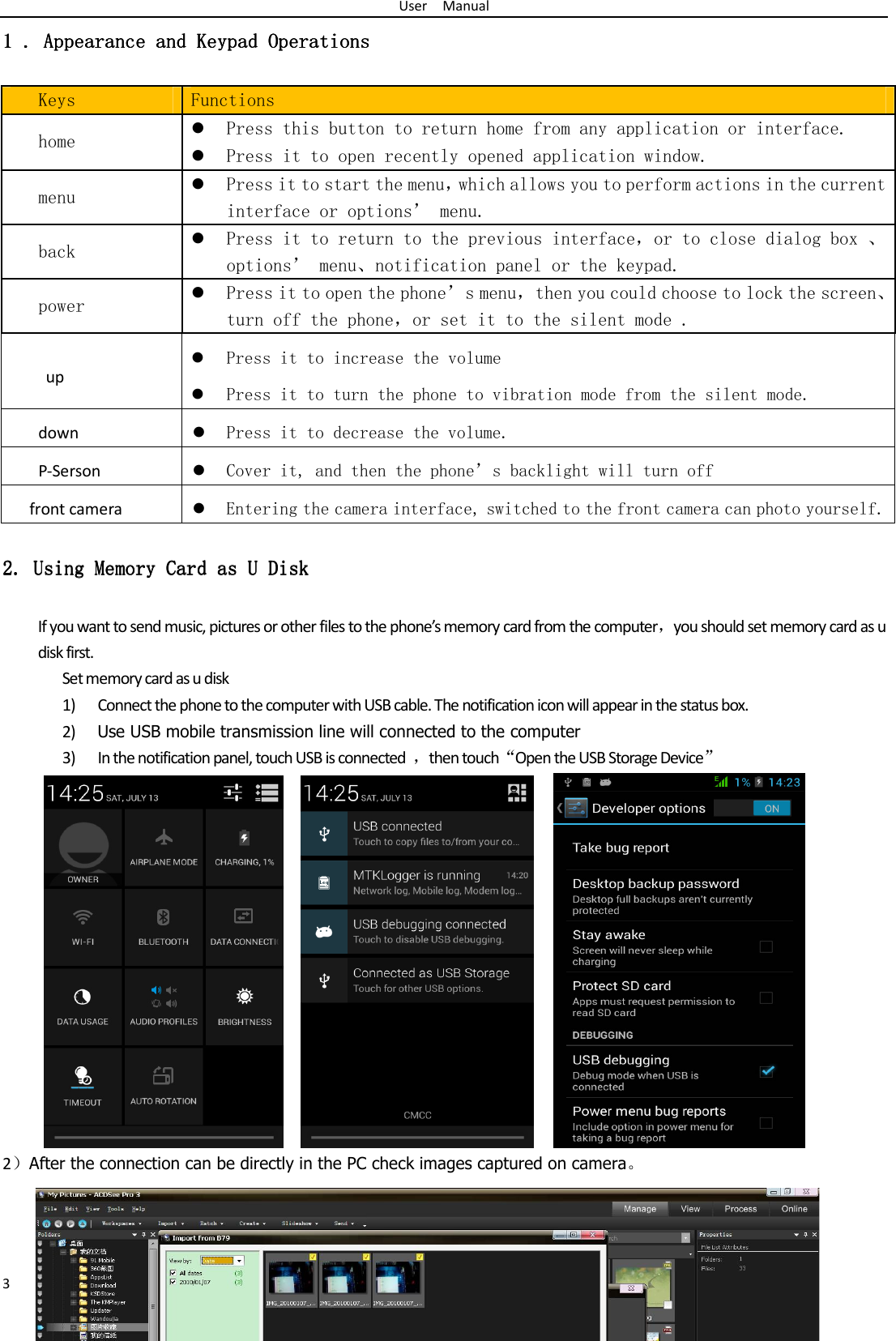 User    Manual 3 1 1 1 1 .... Appearance Appearance Appearance Appearance and Keypad Operations and Keypad Operations and Keypad Operations and Keypad Operations    Keys  Functions  Press this button to return home from any application or interface. home   Press it to open recently opened application window. menu   Press it to start the menu，which allows you to perform actions in the current interface or options’ menu. back   Press it to return to the previous interface，or to close dialog box 、options’ menu、notification panel or the keypad. power   Press it to open the phone’s menu，then you could choose to lock the screen、turn off the phone，or set it to the silent mode . up  Press it to increase the volume  Press it to turn the phone to vibration mode from the silent mode. down   Press it to decrease the volume. P-Serson   Cover it, and then the phone’s backlight will turn off front camera   Entering the camera interface, switched to the front camera can photo yourself. 2.2.2.2.    Using Memory Card as U DUsing Memory Card as U DUsing Memory Card as U DUsing Memory Card as U Diskiskiskisk    If you want to send music, pictures or other files to the phone’s memory card from the computer，you should set memory card as u disk first. Set memory card as u disk 1) Connect the phone to the computer with USB cable. The notification icon will appear in the status box.       2) Use USB mobile transmission line will connected to the computer   3) In the notification panel, touch USB is connected  ，then touch“Open the USB Storage Device”                                                                                       2）After the connection can be directly in the PC check images captured on camera。    
