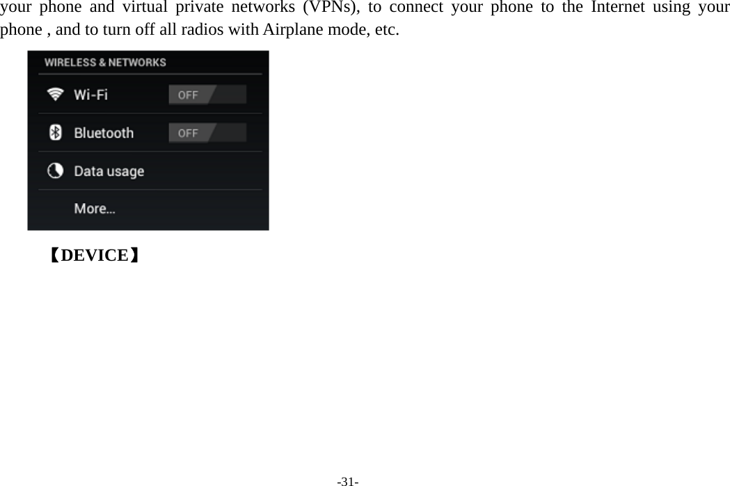  -31- your phone and virtual private networks (VPNs), to connect your phone to the Internet using your phone , and to turn off all radios with Airplane mode, etc.       【DEVICE】 