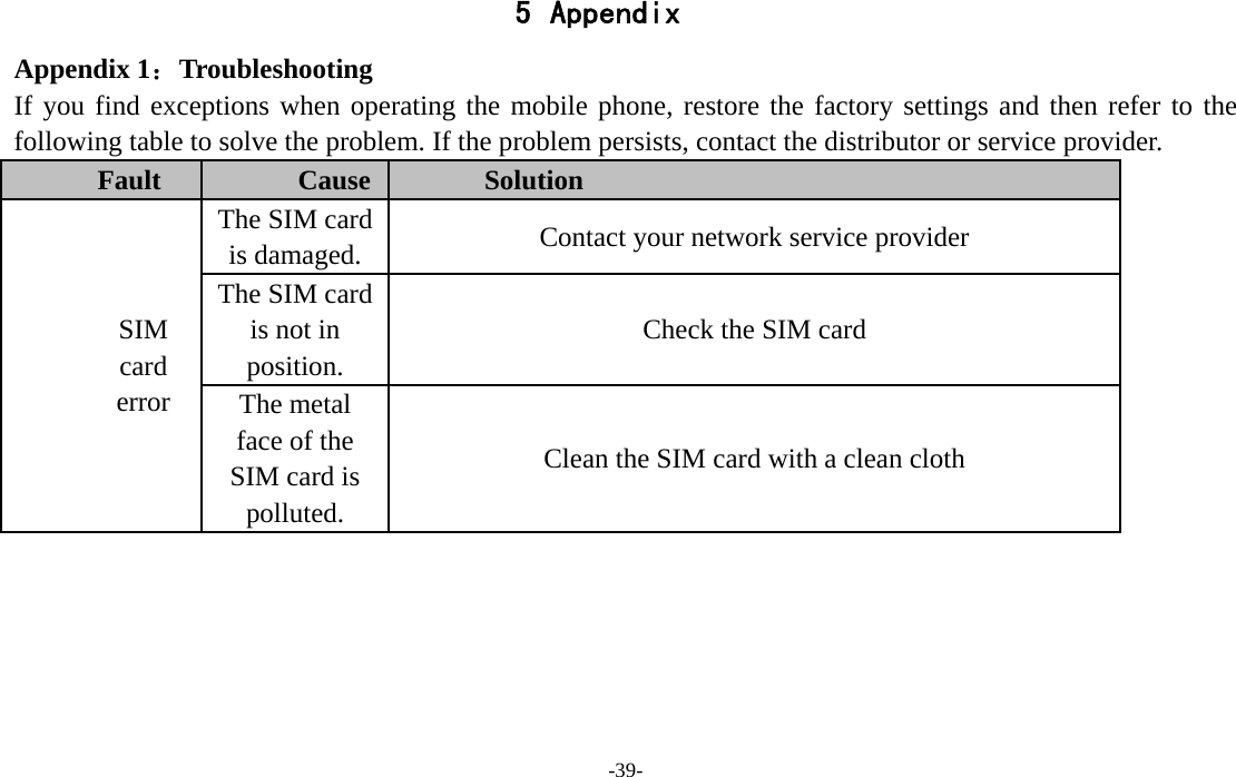  -39- 5 Appendix Appendix 1：Troubleshooting If you find exceptions when operating the mobile phone, restore the factory settings and then refer to the following table to solve the problem. If the problem persists, contact the distributor or service provider. Fault  Cause  Solution SIM card error The SIM card is damaged.  Contact your network service provider The SIM card is not in position. Check the SIM card The metal face of the SIM card is polluted. Clean the SIM card with a clean cloth 