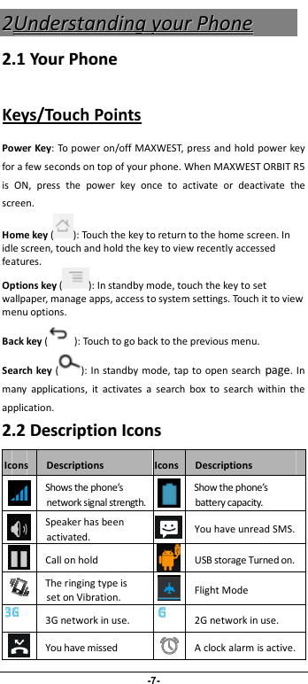                              -7- 22UUnnddeerrssttaannddiinngg  yyoouurr  PPhhoonnee  22..11  YYoouurr  PPhhoonnee    Keys/Touch Points Power Key: To power on/off MAXWEST, press and hold power key for a few seconds on top of your phone. When MAXWEST ORBIT R5 is  ON,  press  the  power  key  once  to  activate  or  deactivate  the screen.   Home key ( ): Touch the key to return to the home screen. In idle screen, touch and hold the key to view recently accessed features.Options key ( ): In standby mode, touch the key to set wallpaper, manage apps, access to system settings. Touch it to view menu options.Back key ( ): Touch to go back to the previous menu. Search key ( ): In standby  mode, tap to  open search  page. In many  applications,  it  activates  a  search  box  to  search  within  the application.   22..22  DDeessccrriippttiioonn  IIccoonnss  Icons Descriptions  Icons Descriptions  Shows the phone’s network signal strength.  Show the phone’s battery capacity.  Speaker has been activated.  You have unread SMS.  Call on hold  USB storage Turned on.  The ringing type is set on Vibration.    Flight Mode  3G network in use.  2G network in use.  You have missed  A clock alarm is active. 