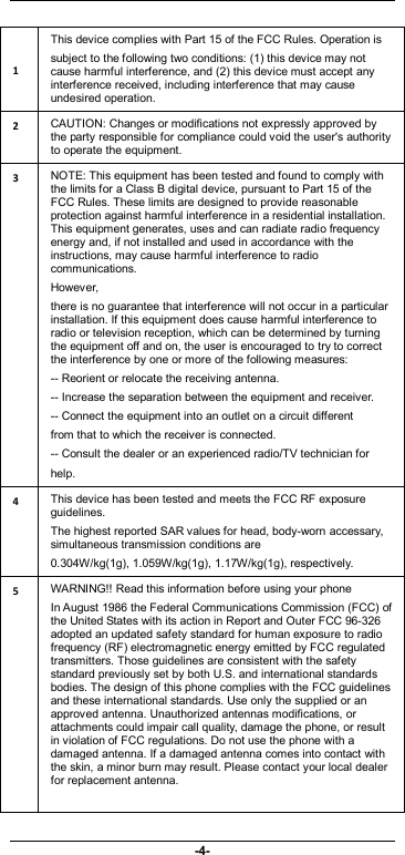                              -4-  1 This device complies with Part 15 of the FCC Rules. Operation is subject to the following two conditions: (1) this device may not cause harmful interference, and (2) this device must accept any interference received, including interference that may cause undesired operation. 2  CAUTION: Changes or modifications not expressly approved by the party responsible for compliance could void the user&apos;s authority to operate the equipment. 3  NOTE: This equipment has been tested and found to comply with the limits for a Class B digital device, pursuant to Part 15 of the FCC Rules. These limits are designed to provide reasonable protection against harmful interference in a residential installation. This equipment generates, uses and can radiate radio frequency energy and, if not installed and used in accordance with the instructions, may cause harmful interference to radio communications. However,   there is no guarantee that interference will not occur in a particular installation. If this equipment does cause harmful interference to radio or television reception, which can be determined by turning the equipment off and on, the user is encouraged to try to correct the interference by one or more of the following measures:   -- Reorient or relocate the receiving antenna.   -- Increase the separation between the equipment and receiver.   -- Connect the equipment into an outlet on a circuit different   from that to which the receiver is connected.   -- Consult the dealer or an experienced radio/TV technician for   help. 4  This device has been tested and meets the FCC RF exposure guidelines. The highest reported SAR values for head, body-worn accessary, simultaneous transmission conditions are 0.304W/kg(1g), 1.059W/kg(1g), 1.17W/kg(1g), respectively. 5  WARNING!! Read this information before using your phone In August 1986 the Federal Communications Commission (FCC) of the United States with its action in Report and Outer FCC 96-326 adopted an updated safety standard for human exposure to radio frequency (RF) electromagnetic energy emitted by FCC regulated transmitters. Those guidelines are consistent with the safety standard previously set by both U.S. and international standards bodies. The design of this phone complies with the FCC guidelines and these international standards. Use only the supplied or an approved antenna. Unauthorized antennas modifications, or attachments could impair call quality, damage the phone, or result in violation of FCC regulations. Do not use the phone with a damaged antenna. If a damaged antenna comes into contact with the skin, a minor burn may result. Please contact your local dealer for replacement antenna.  