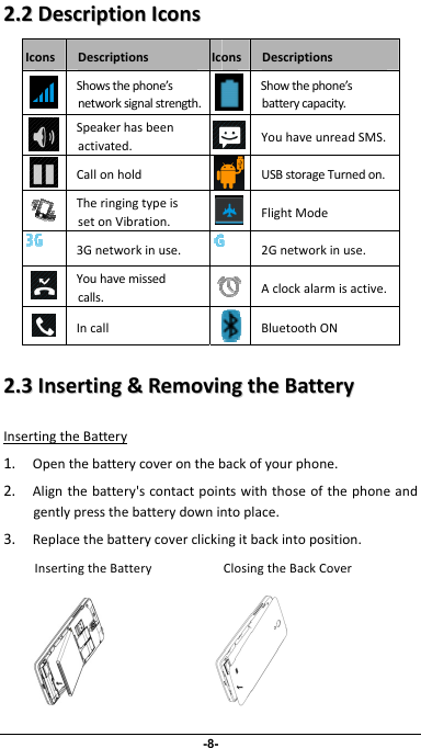                 -8- 22..22DDeessccrriippttiioonnIIccoonnssIconsDescriptionsIcons DescriptionsShowsthephone’snetworksignalstrength.Showthephone’sbatterycapacity.Speakerhasbeenactivated.YouhaveunreadSMS.CallonholdUSBstorageTurnedon.TheringingtypeissetonVibration.FlightMode3Gnetworkinuse.2Gnetworkinuse.Youhavemissedcalls.Aclockalarmisactive.IncallBluetoothON22..33IInnsseerrttiinngg&amp;&amp;RReemmoovviinnggtthheeBBaatttteerryyInsertingtheBattery1. Openthebatterycoveronthebackofyourphone.2. Alignthebattery&apos;scontactpointswiththoseofthephoneandgentlypressthebatterydownintoplace.3. Replacethebatterycoverclickingitbackintoposition.InsertingtheBattery ClosingtheBackCover             