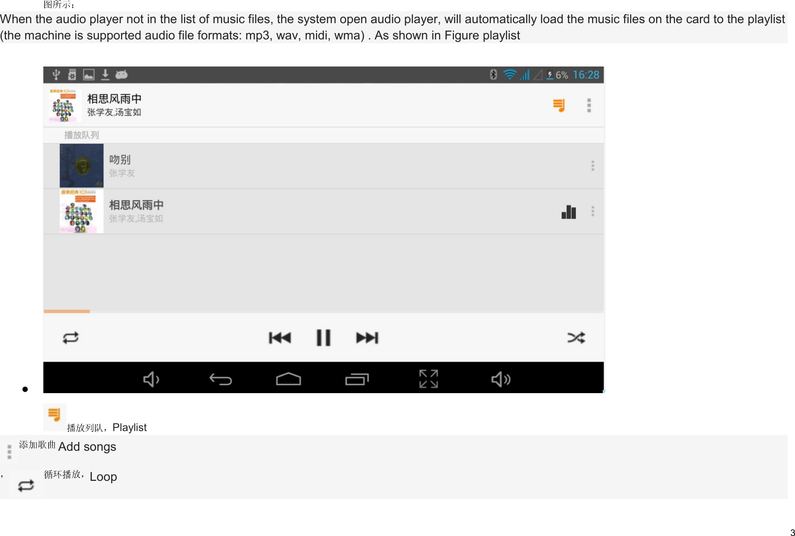     3  When the audio player not in the list of music files, the system open audio player, will automatically load the music files on the card to the playlist (the machine is supported audio file formats: mp3, wav, midi, wma) . As shown in Figure playlist    Playlist Add songs Loop 