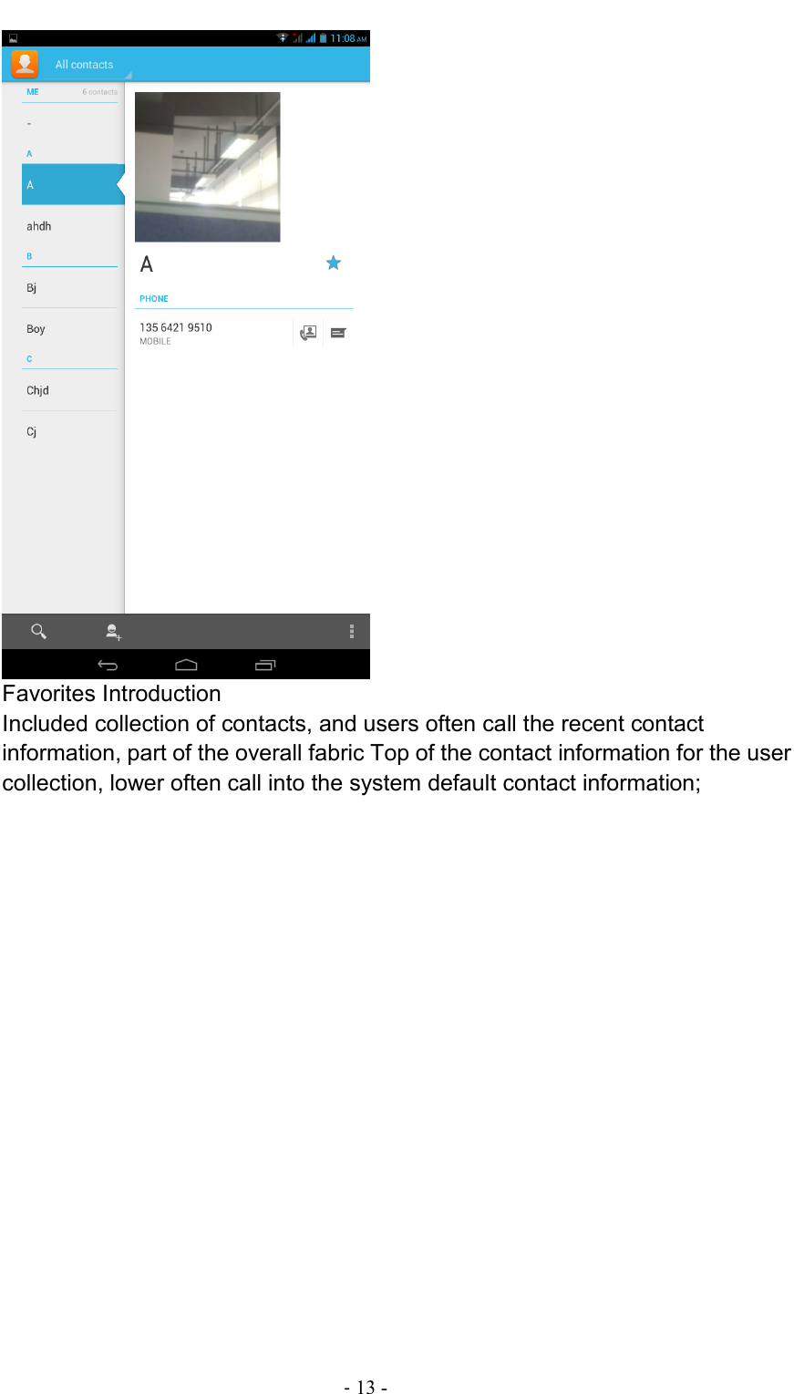                                                                                - 13 -  Favorites Introduction Included collection of contacts, and users often call the recent contact information, part of the overall fabric Top of the contact information for the user collection, lower often call into the system default contact information; 