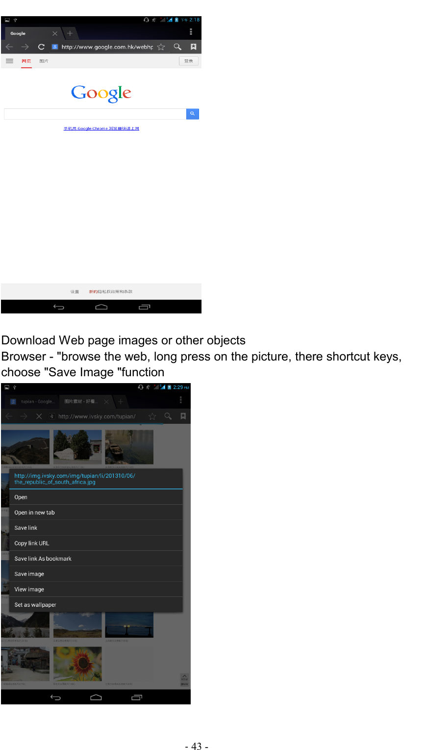                                                                                - 43 -       Download Web page images or other objects Browser - &quot;browse the web, long press on the picture, there shortcut keys, choose &quot;Save Image &quot;function  
