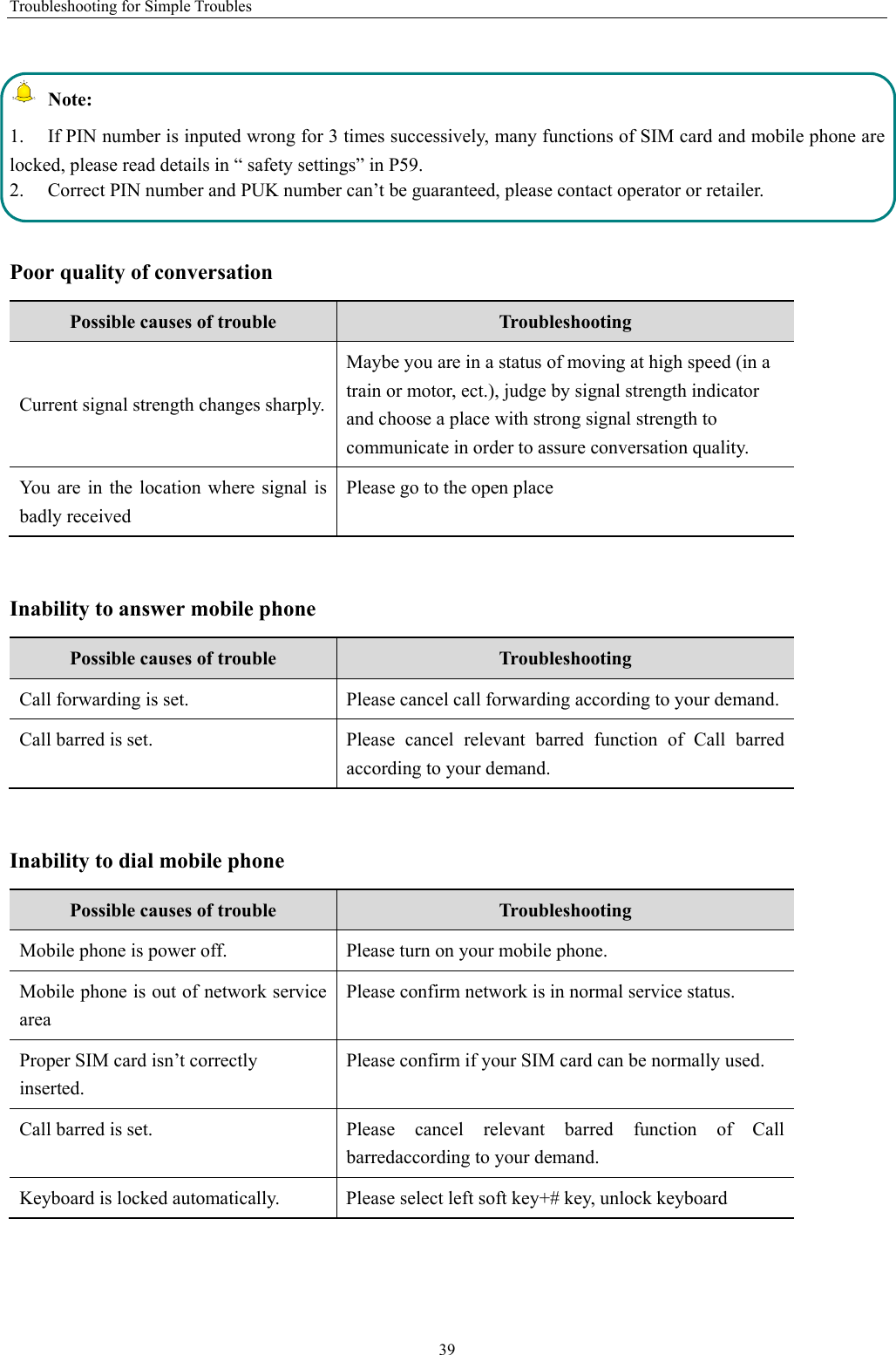 Troubleshooting for Simple Troubles 39  Note:   1.  If PIN number is inputed wrong for 3 times successively, many functions of SIM card and mobile phone are locked, please read details in “ safety settings” in P59.   2.  Correct PIN number and PUK number can’t be guaranteed, please contact operator or retailer.  Poor quality of conversation Possible causes of trouble  Troubleshooting Current signal strength changes sharply. Maybe you are in a status of moving at high speed (in a train or motor, ect.), judge by signal strength indicator and choose a place with strong signal strength to communicate in order to assure conversation quality.   You are in the location where signal is badly received Please go to the open place    Inability to answer mobile phone Possible causes of trouble  Troubleshooting Call forwarding is set.    Please cancel call forwarding according to your demand.   Call barred is set.   Please cancel relevant barred function of Call barred according to your demand.    Inability to dial mobile phone Possible causes of trouble  Troubleshooting Mobile phone is power off.    Please turn on your mobile phone. Mobile phone is out of network service area Please confirm network is in normal service status. Proper SIM card isn’t correctly inserted. Please confirm if your SIM card can be normally used.   Call barred is set.   Please cancel relevant barred function of Call barredaccording to your demand. Keyboard is locked automatically.    Please select left soft key+# key, unlock keyboard  